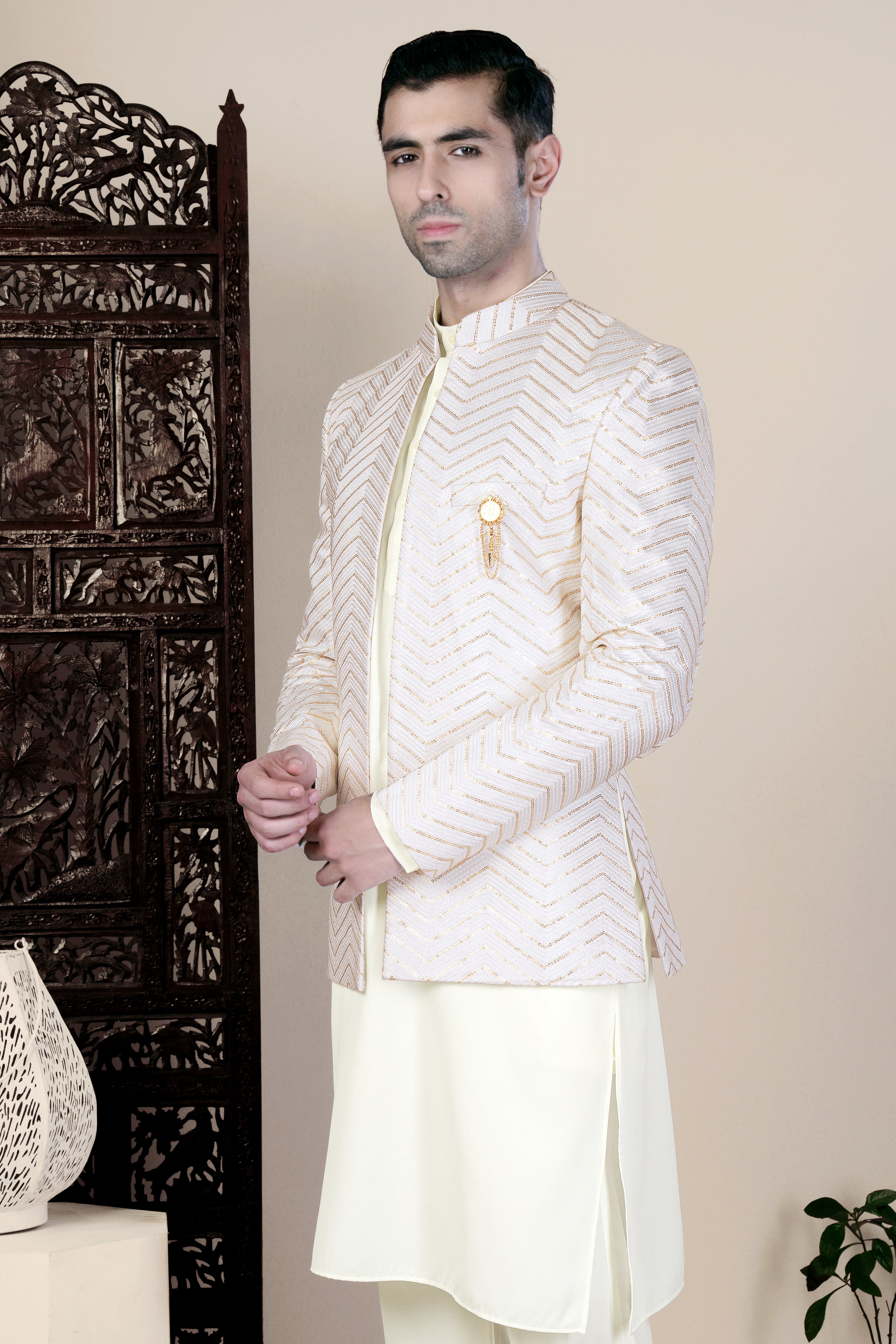 Magnolia Cream Chevron Sequin Embroidered Jodhpuri Set