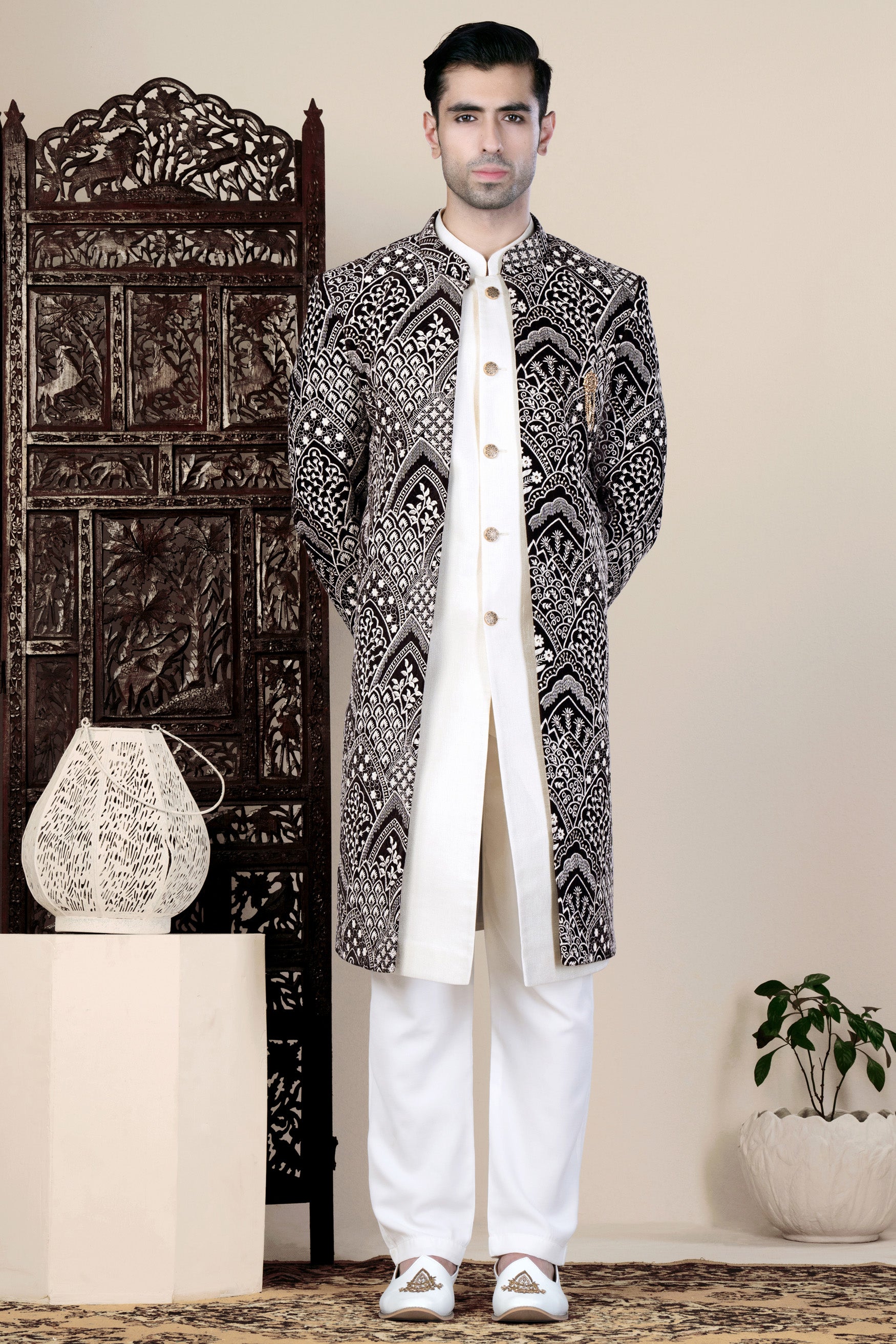 Jade Black and White Floral Thread Embroidered Indo-Western Set