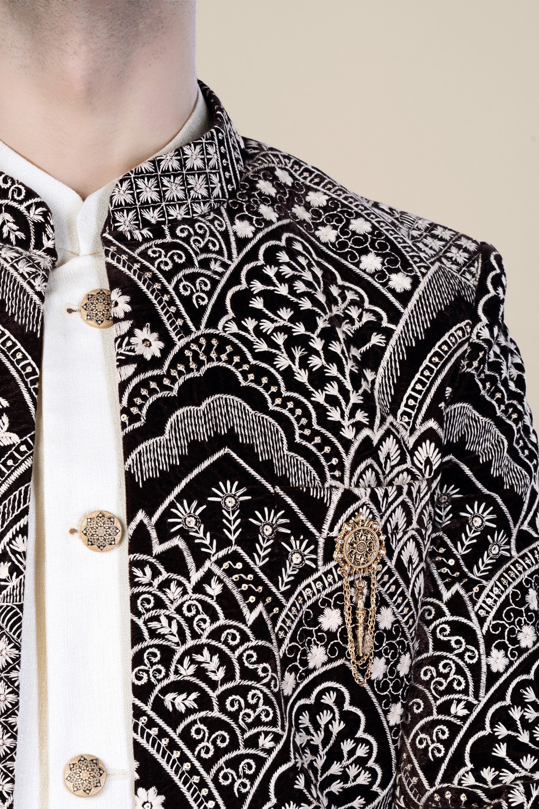 Jade Black and White Floral Thread Embroidered Indo-Western Set