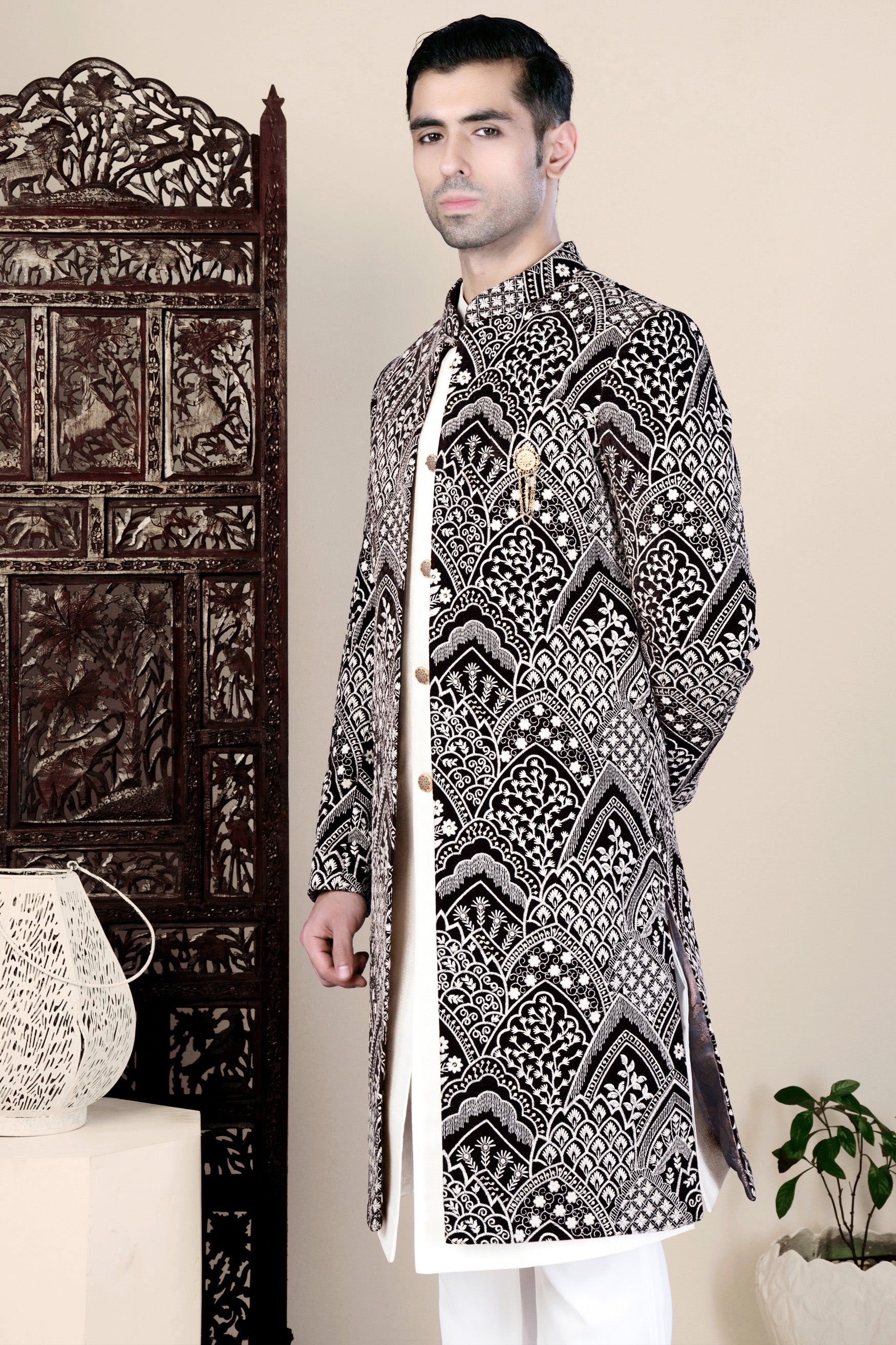 Jade Black and White Floral Thread Embroidered Indo-Western Set
