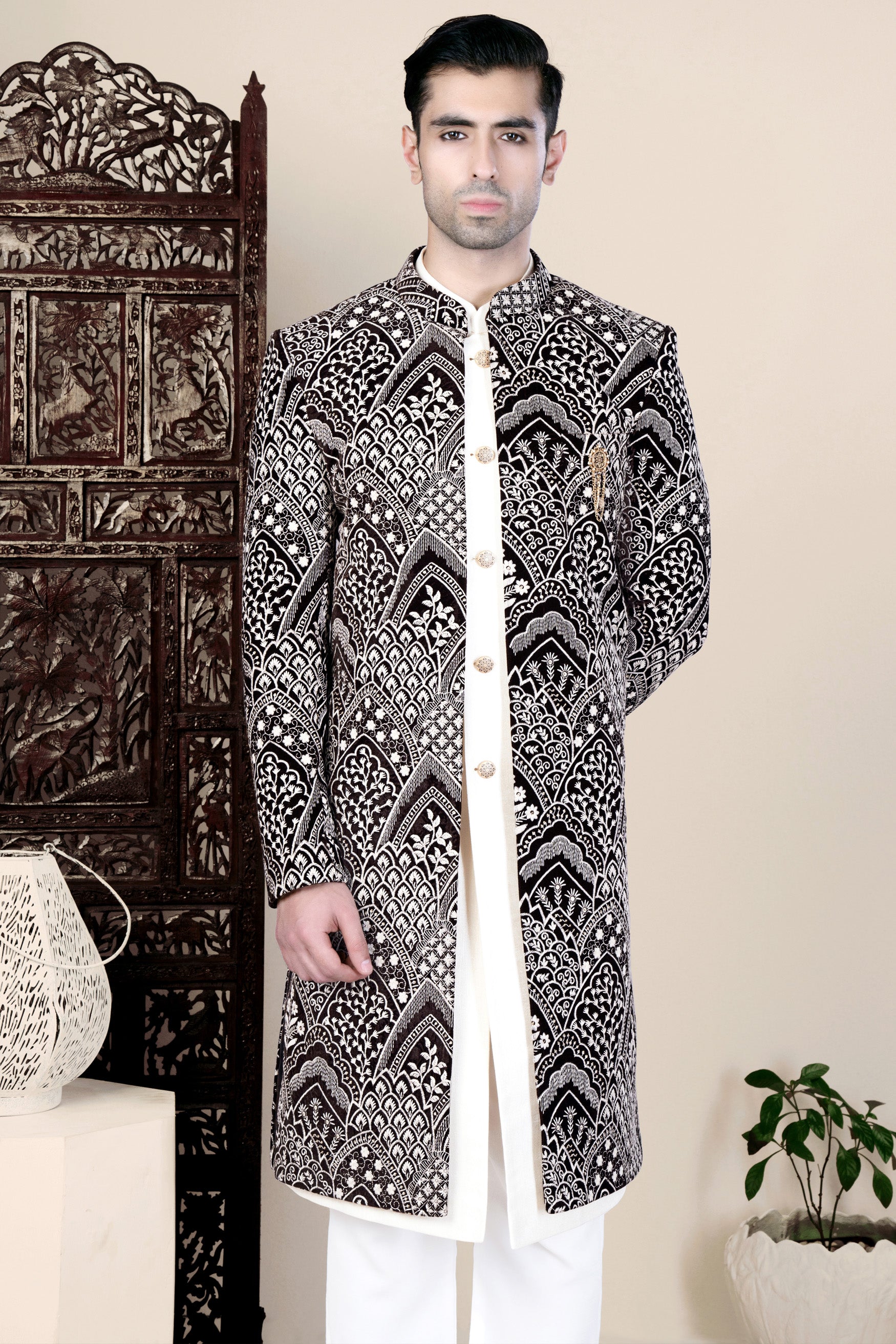 Jade Black and White Floral Thread Embroidered Indo-Western Set