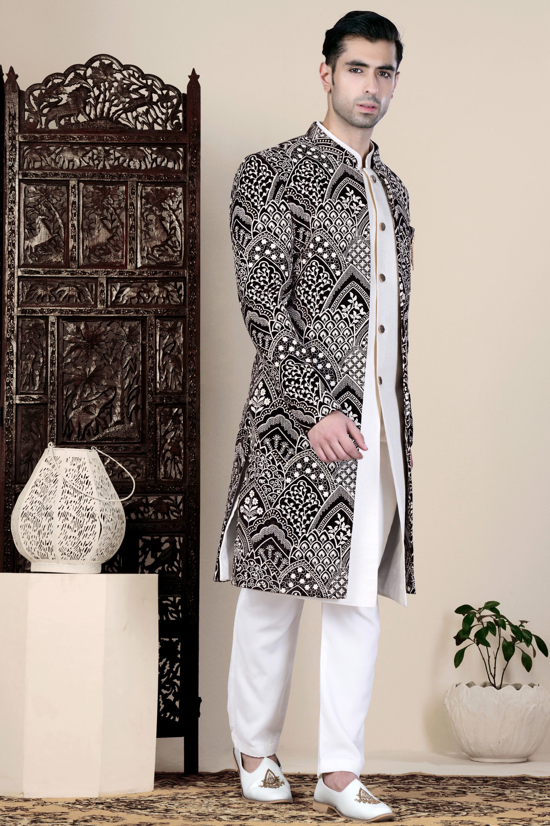 Jade Black and White Floral Thread Embroidered Indo-Western Set