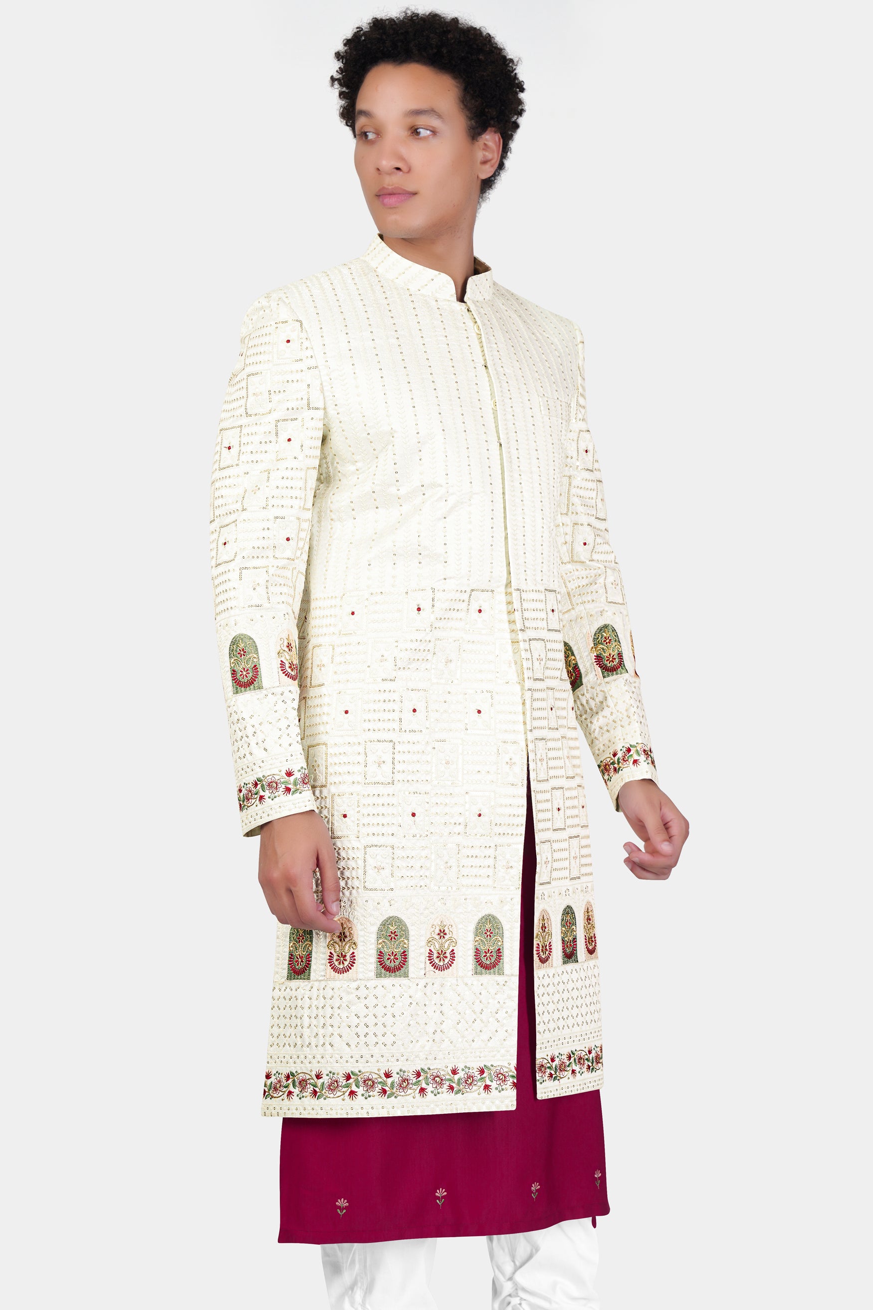 Merino Cream with Finch Green Multicolour Thread and Sequin Embroidered Indo-Western Sherwani