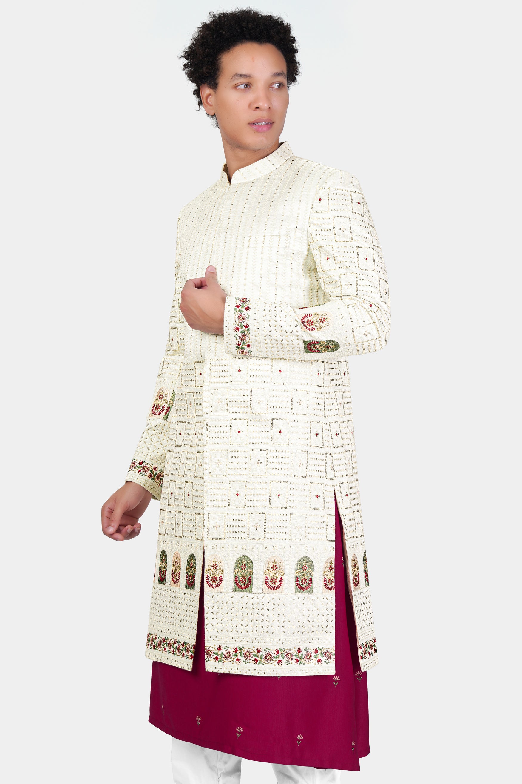 Merino Cream with Finch Green Multicolour Thread and Sequin Embroidered Indo-Western Sherwani