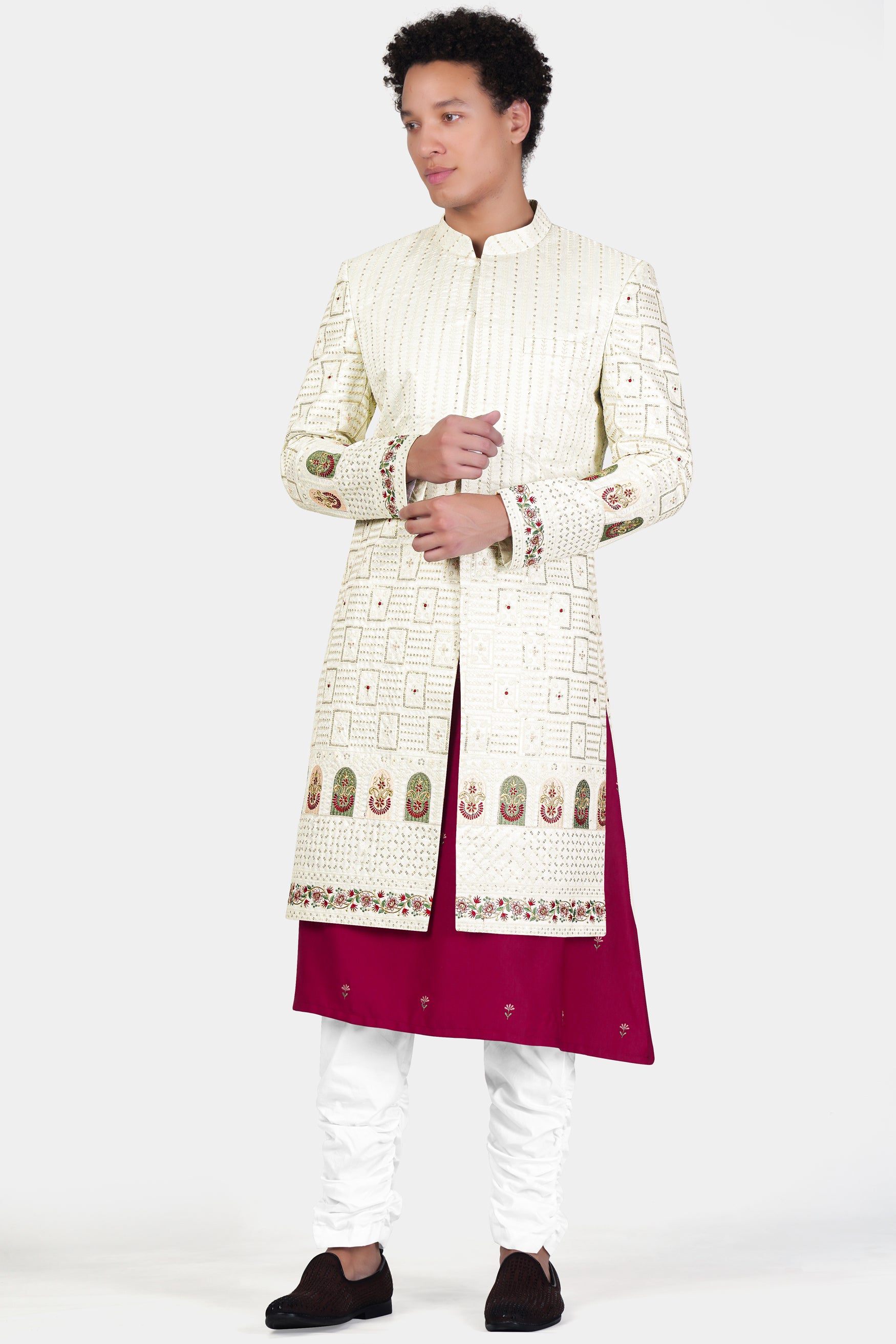 Merino Cream with Finch Green Multicolour Thread and Sequin Embroidered Indo-Western Sherwani