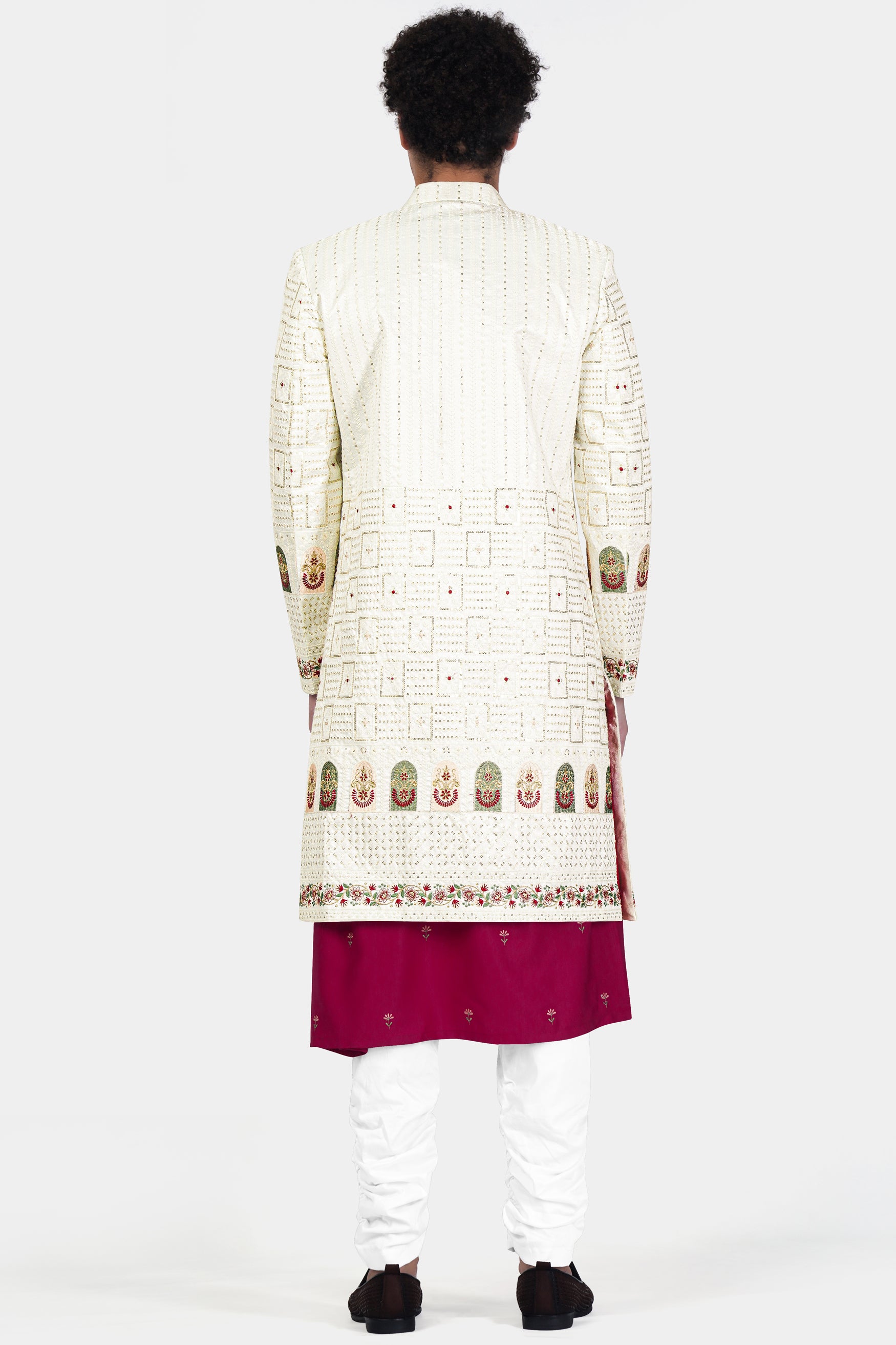 Merino Cream with Finch Green Multicolour Thread and Sequin Embroidered Indo-Western Sherwani