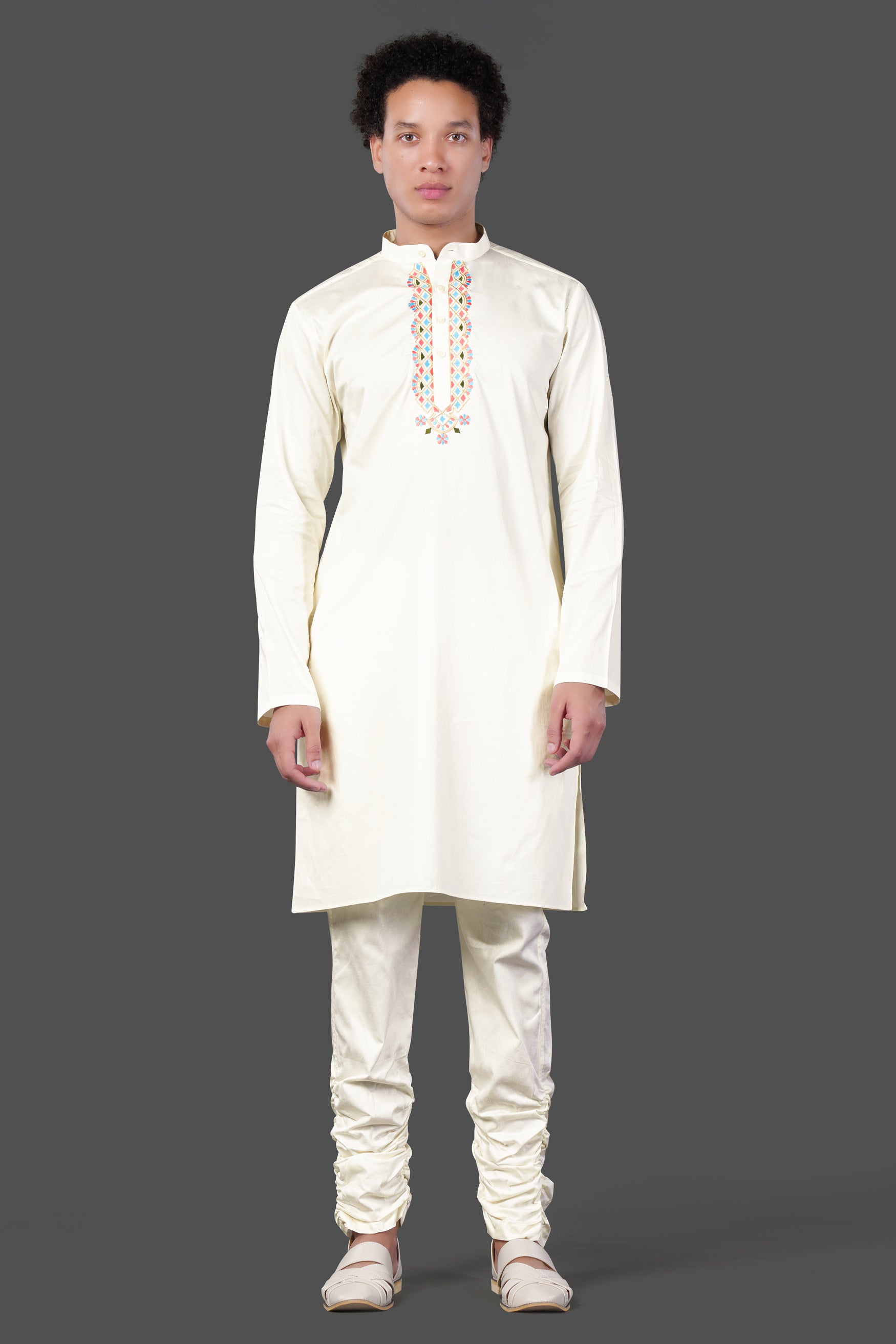 Merino Cream Multicolour Thread and Sequin Embroidered Indo-Western Sherwani