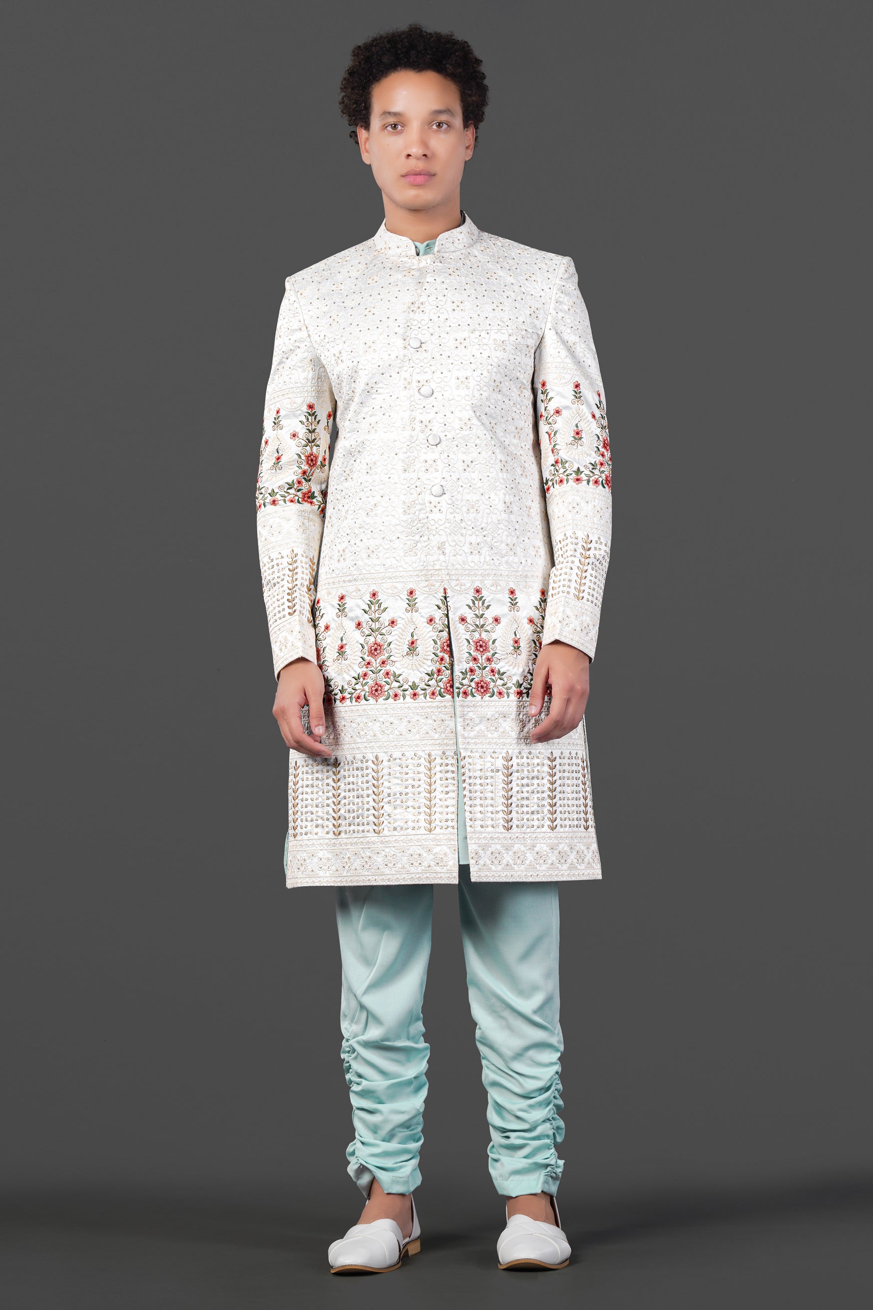 Merino Cream and Apricot Peach Multicolour Thread and Sequin Embroidered Indo-Western Sherwani