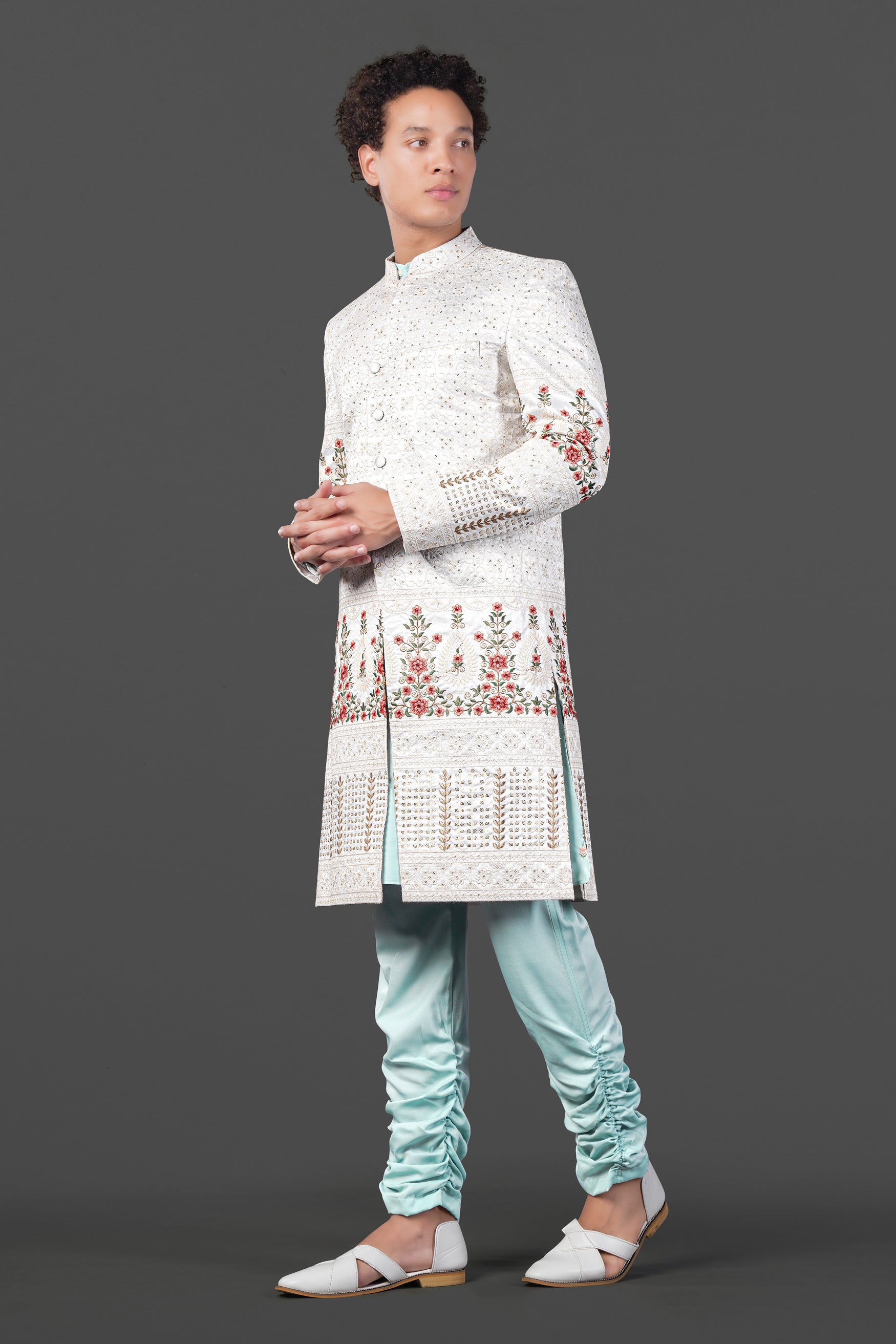 Merino Cream and Apricot Peach Multicolour Thread and Sequin Embroidered Indo-Western Sherwani