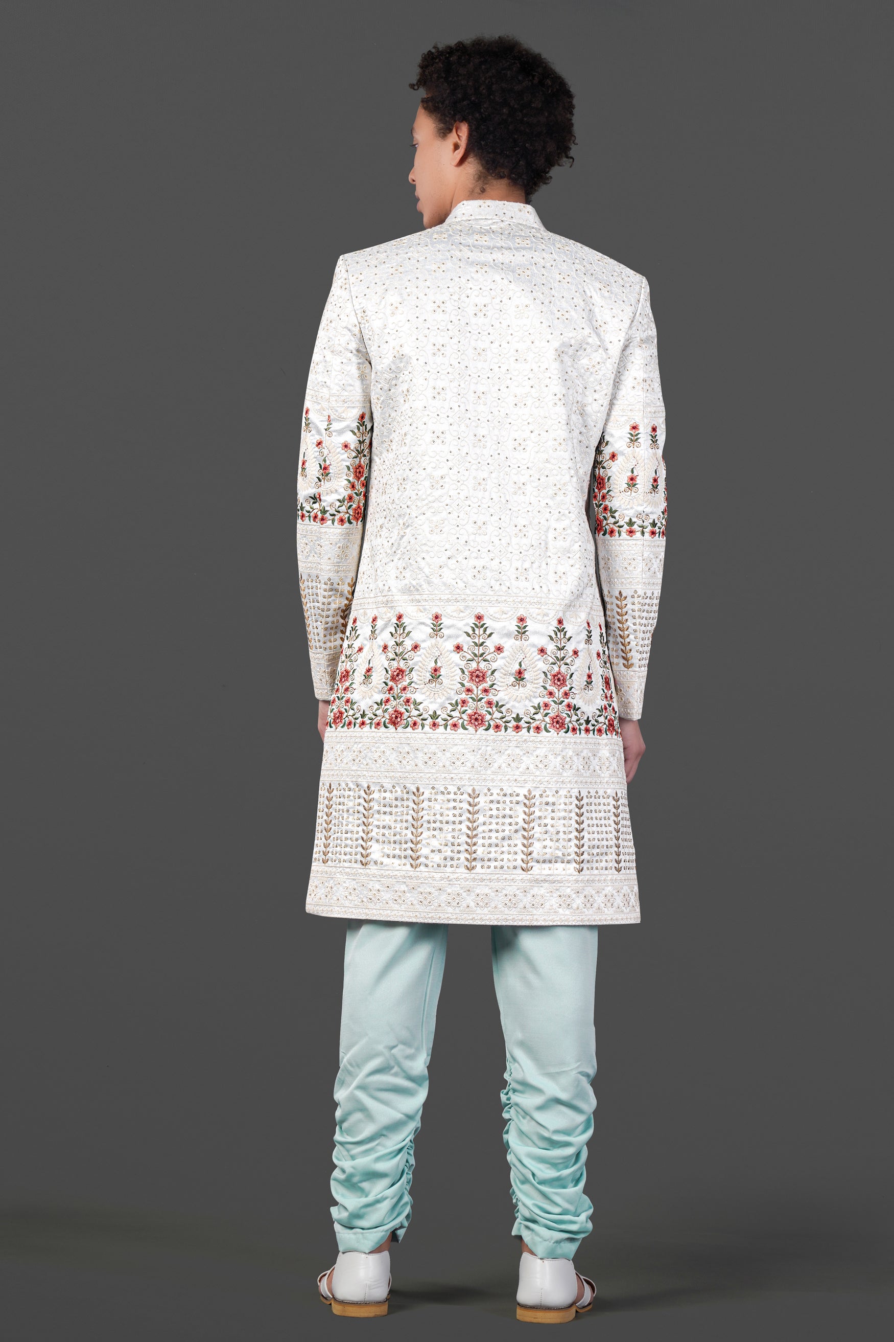 Merino Cream and Apricot Peach Multicolour Thread and Sequin Embroidered Indo-Western Sherwani