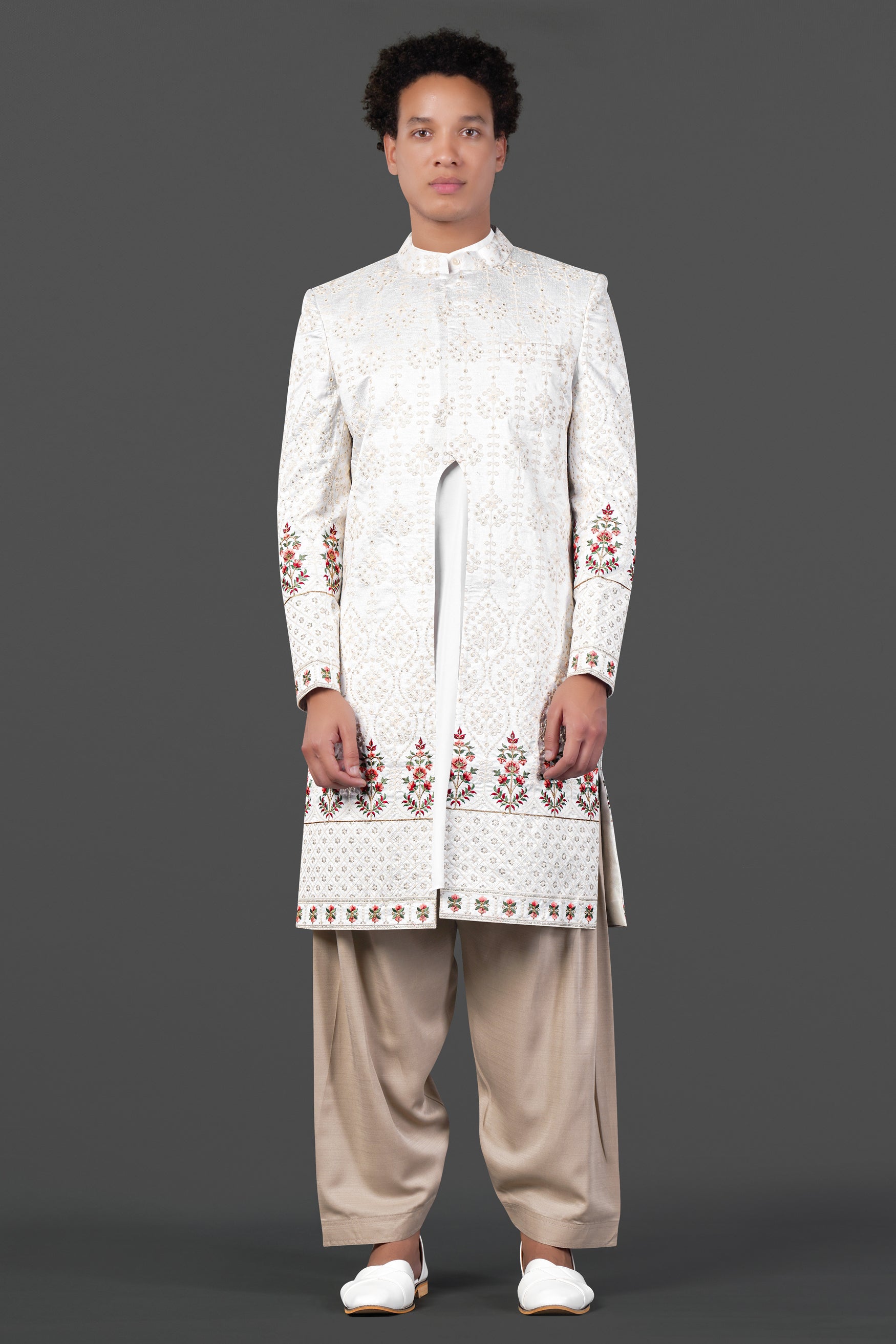 Merino Cream and Merlot Red Multicolour Thread and Sequin Embroidered Indo-Western Sherwani Set