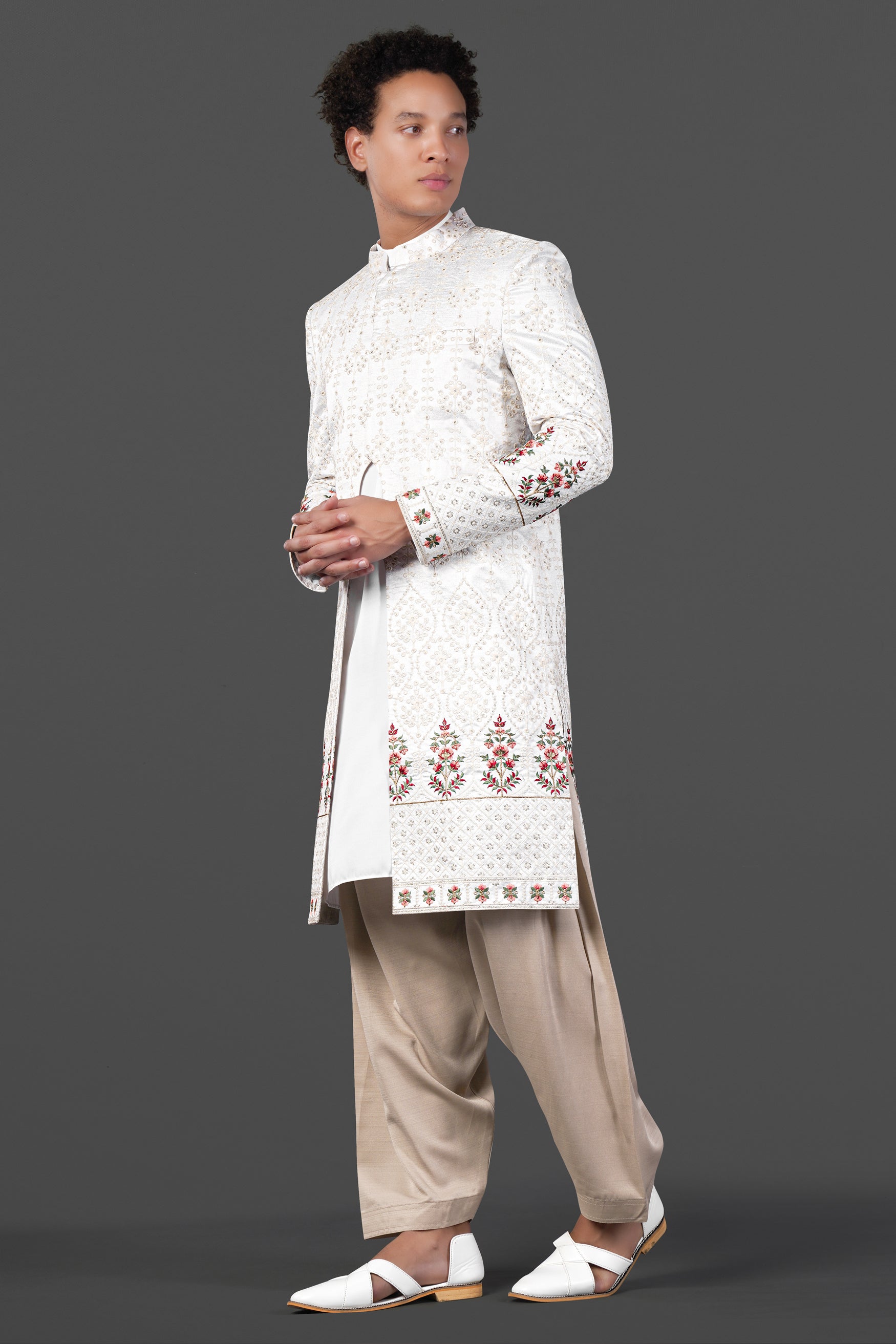 Merino Cream and Merlot Red Multicolour Thread and Sequin Embroidered Indo-Western Sherwani Set