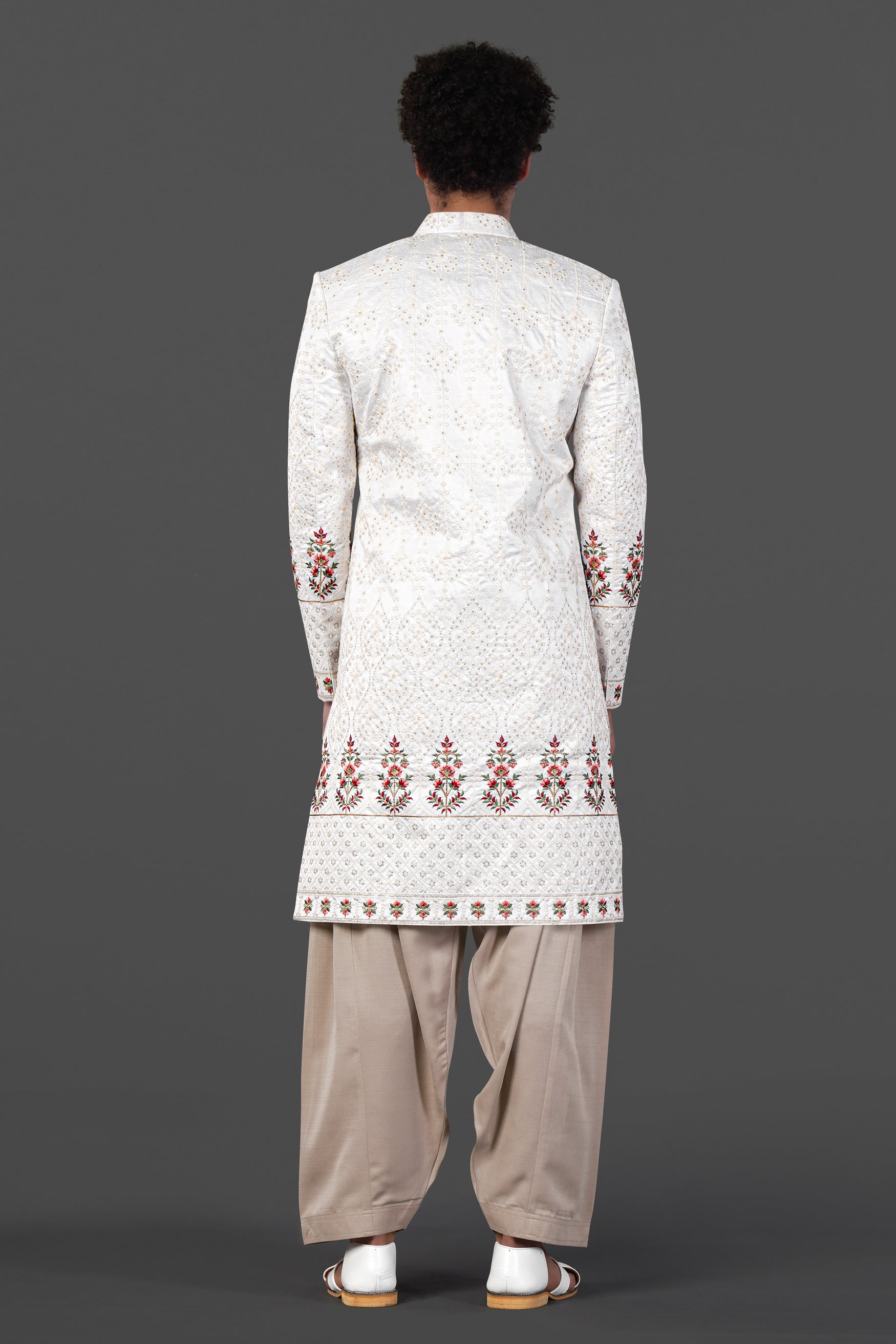 Merino Cream and Merlot Red Multicolour Thread and Sequin Embroidered Indo-Western Sherwani Set