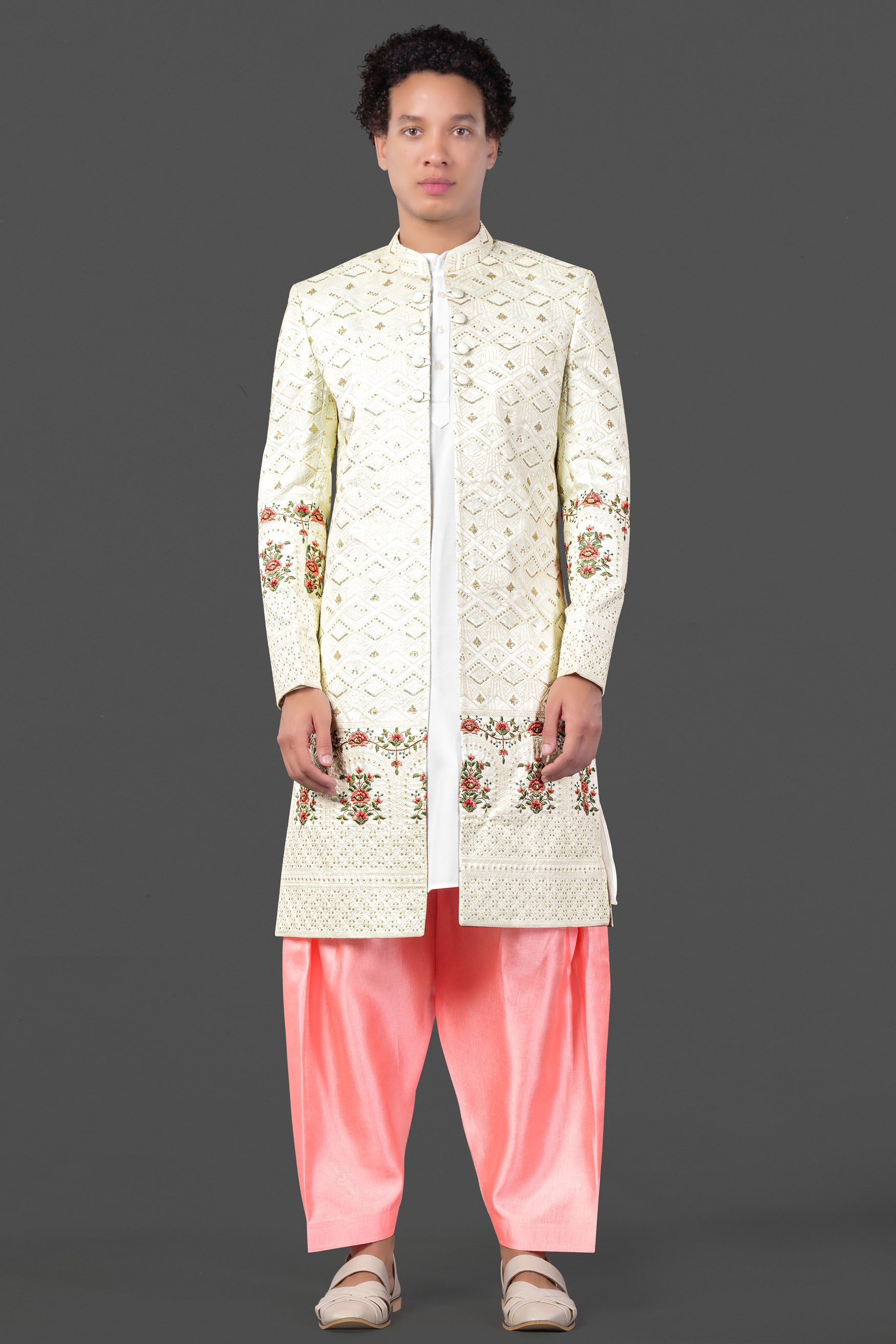 Porcelain Cream and Apricot Peach Multicolour Thread and Sequin Embroidered Indo-Western Sherwani