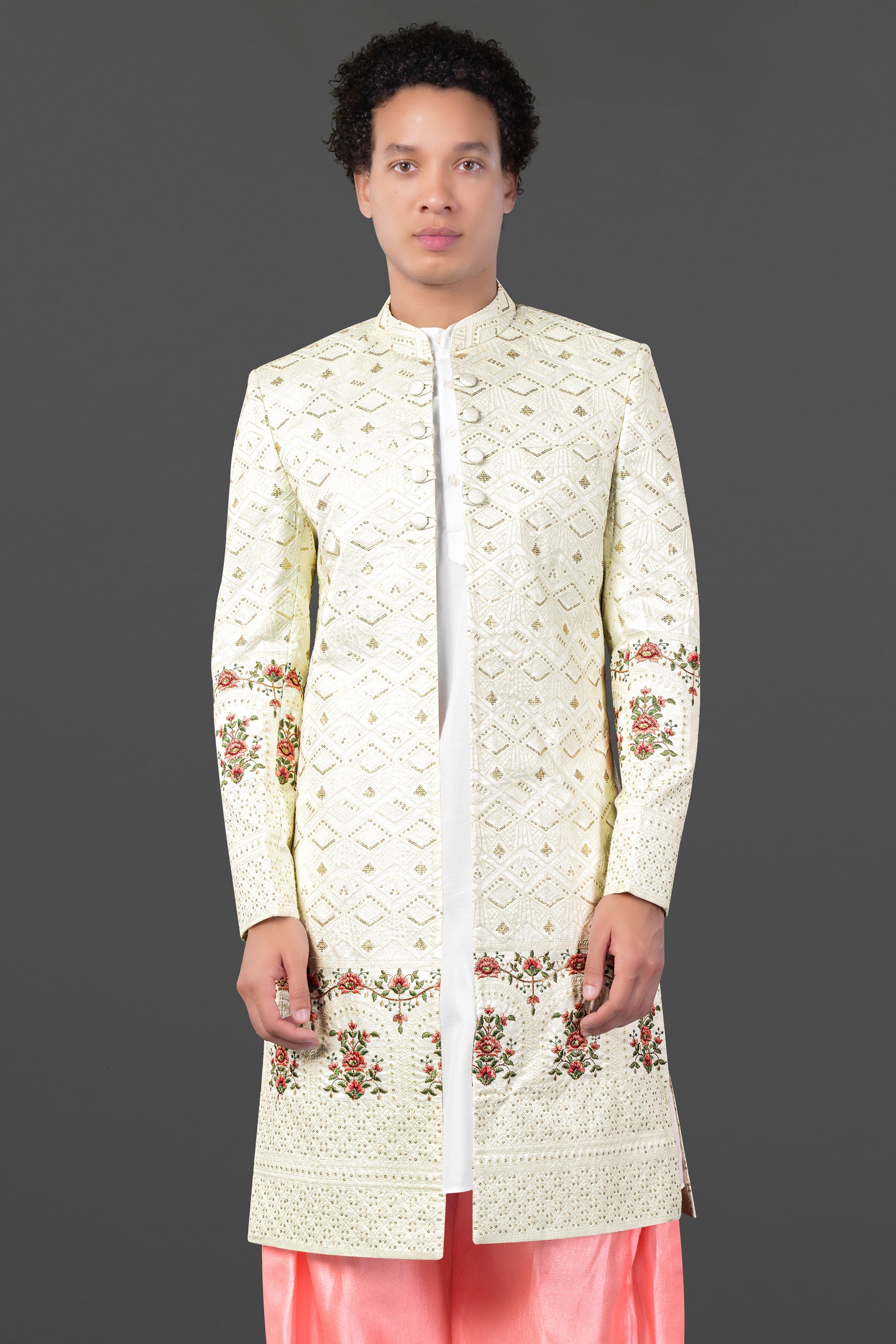 Porcelain Cream and Apricot Peach Multicolour Thread and Sequin Embroidered Indo-Western Sherwani Set