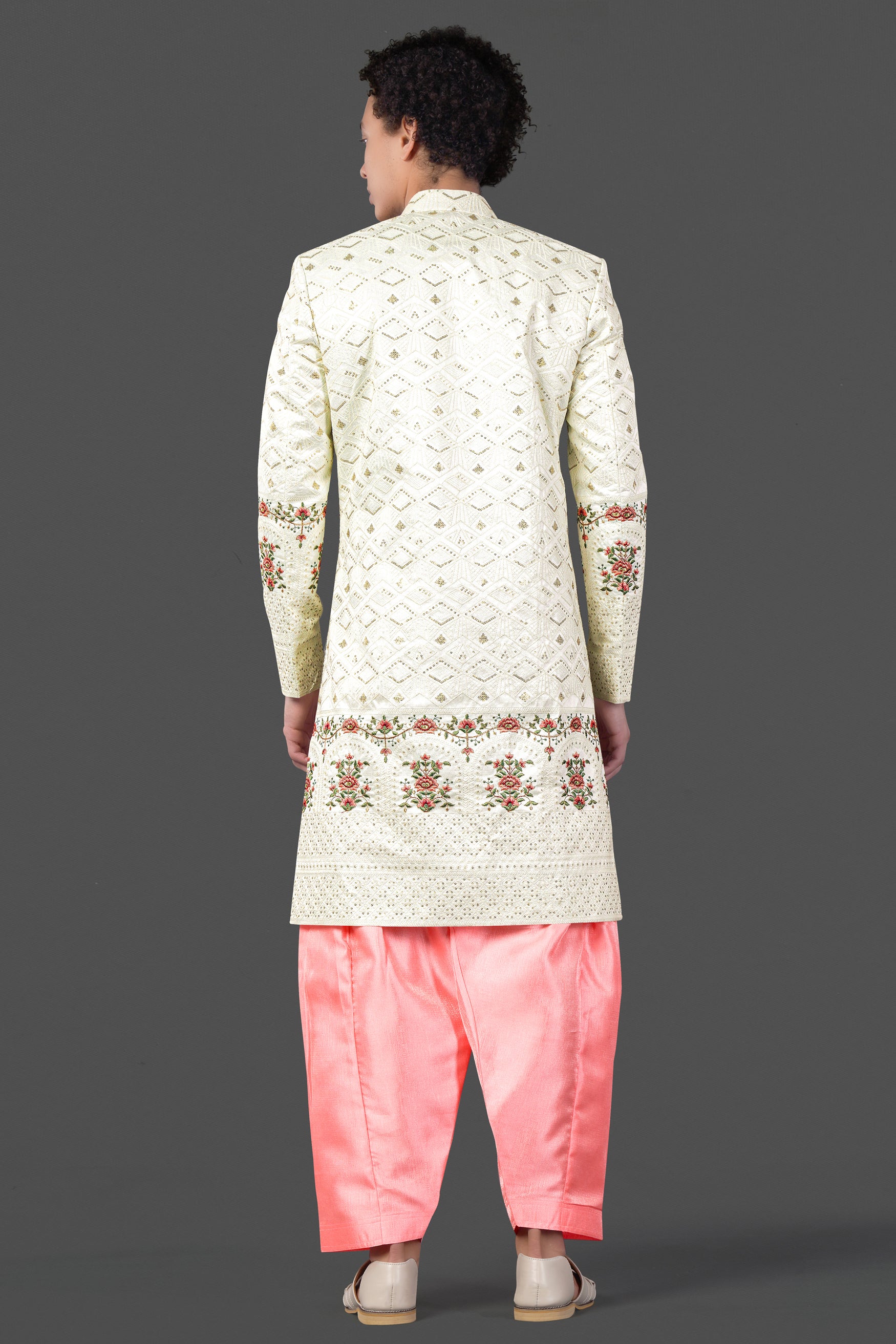 Porcelain Cream and Apricot Peach Multicolour Thread and Sequin Embroidered Indo-Western Sherwani