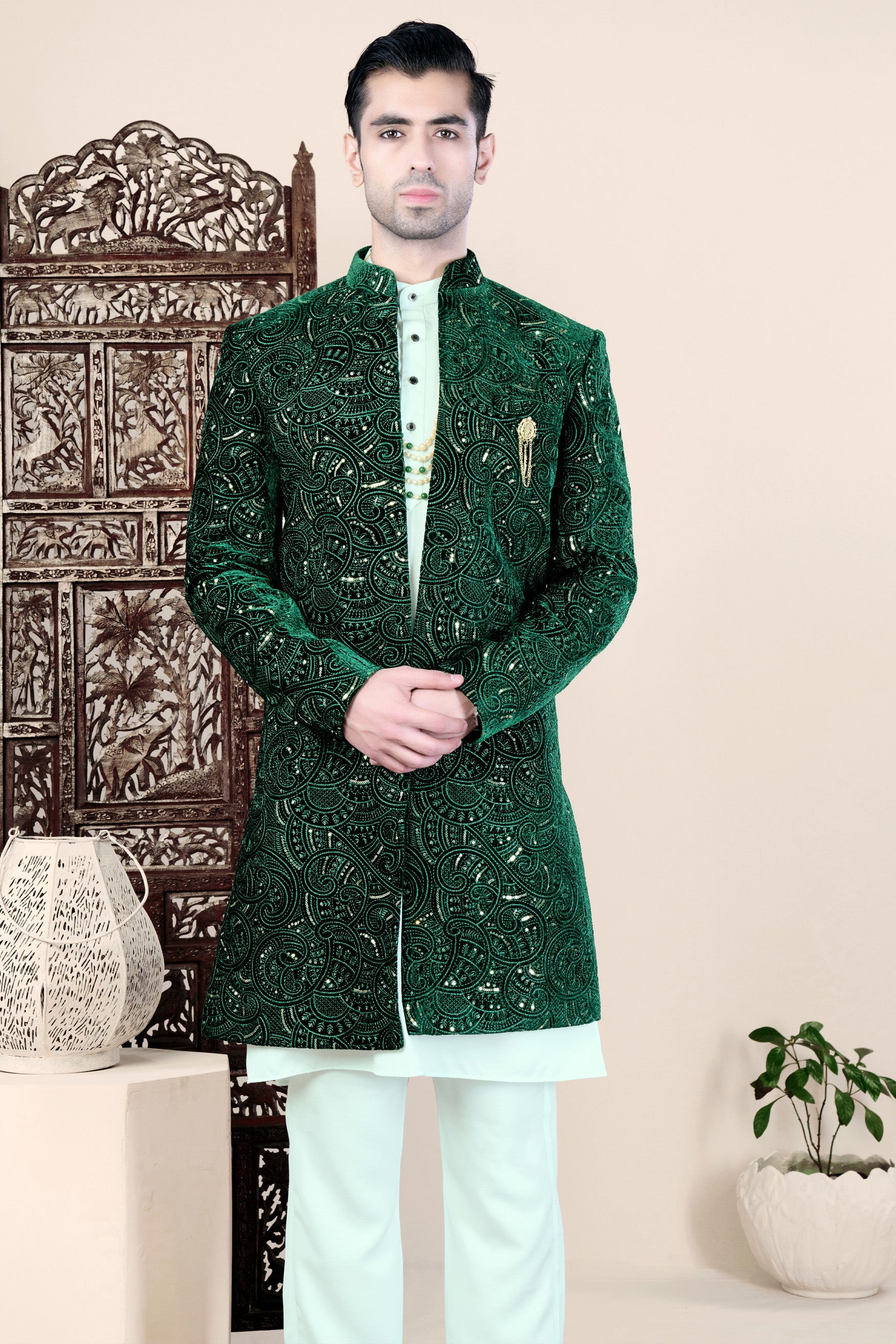 Palm and Jewel Green Thread and Sequin Embroidered Indo-Western