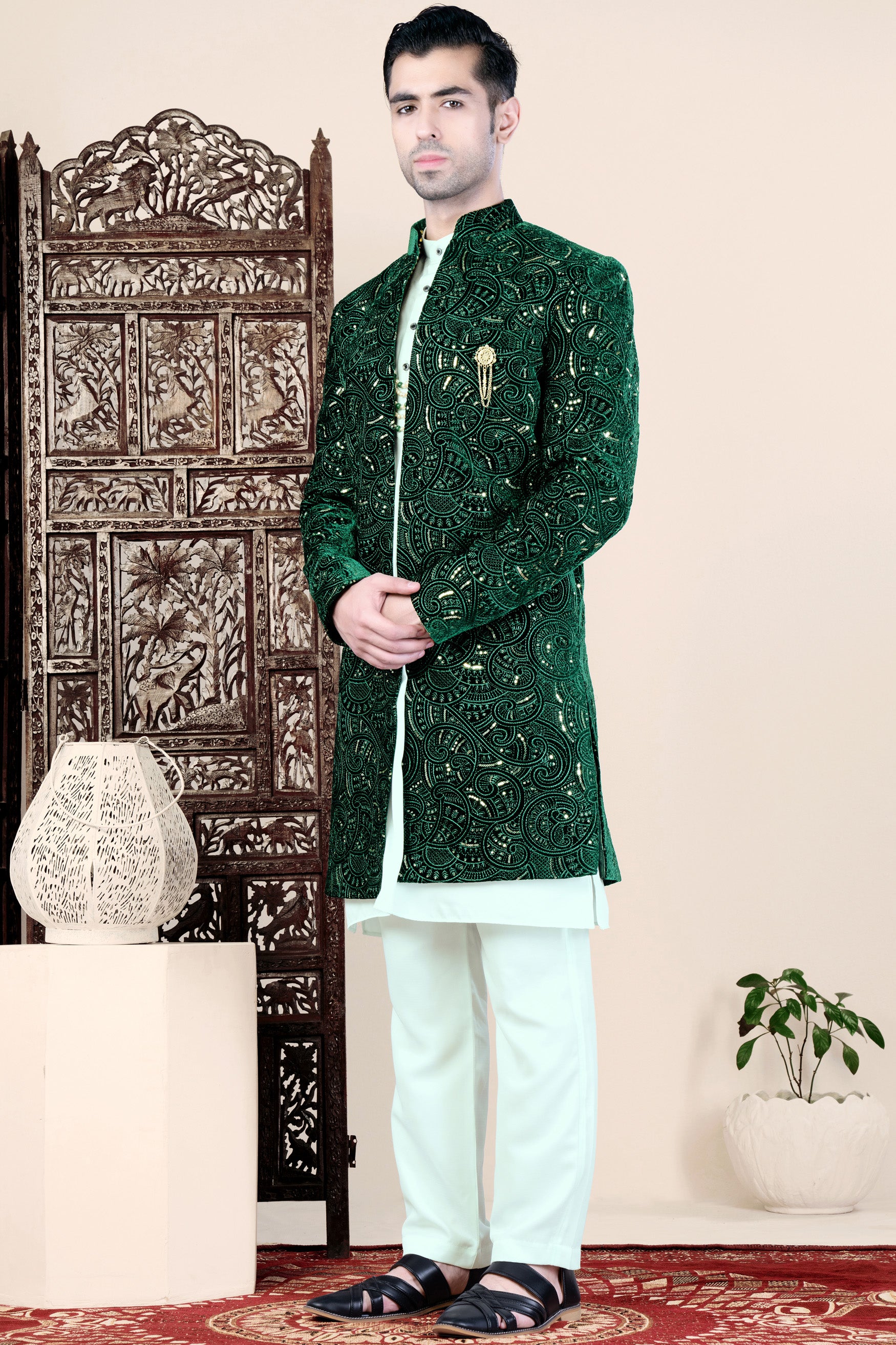 Palm and Jewel Green Thread and Sequin Embroidered Indo-Western