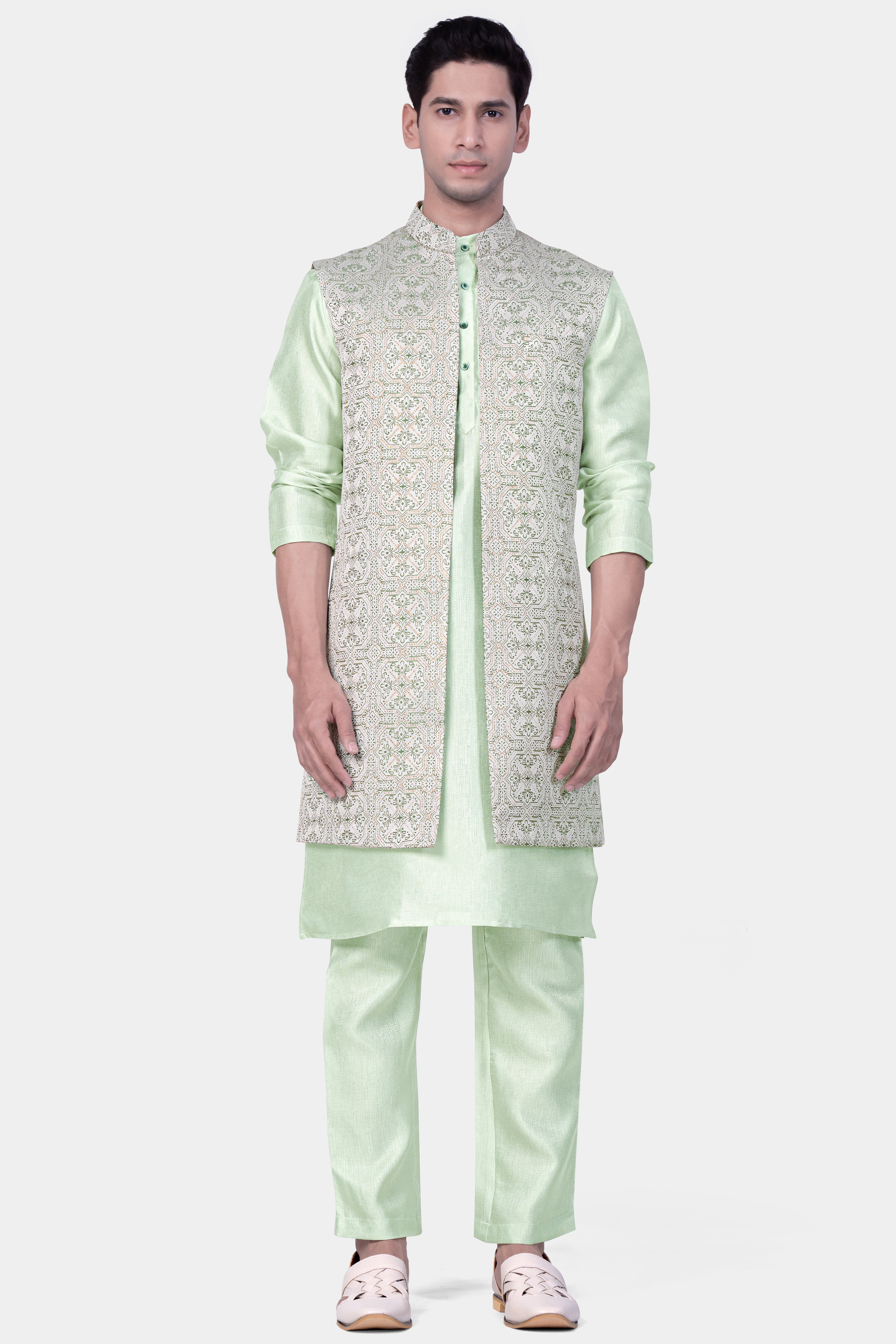 Porcelain Gray with Green Kurta and pajama jacquard Indo-Western