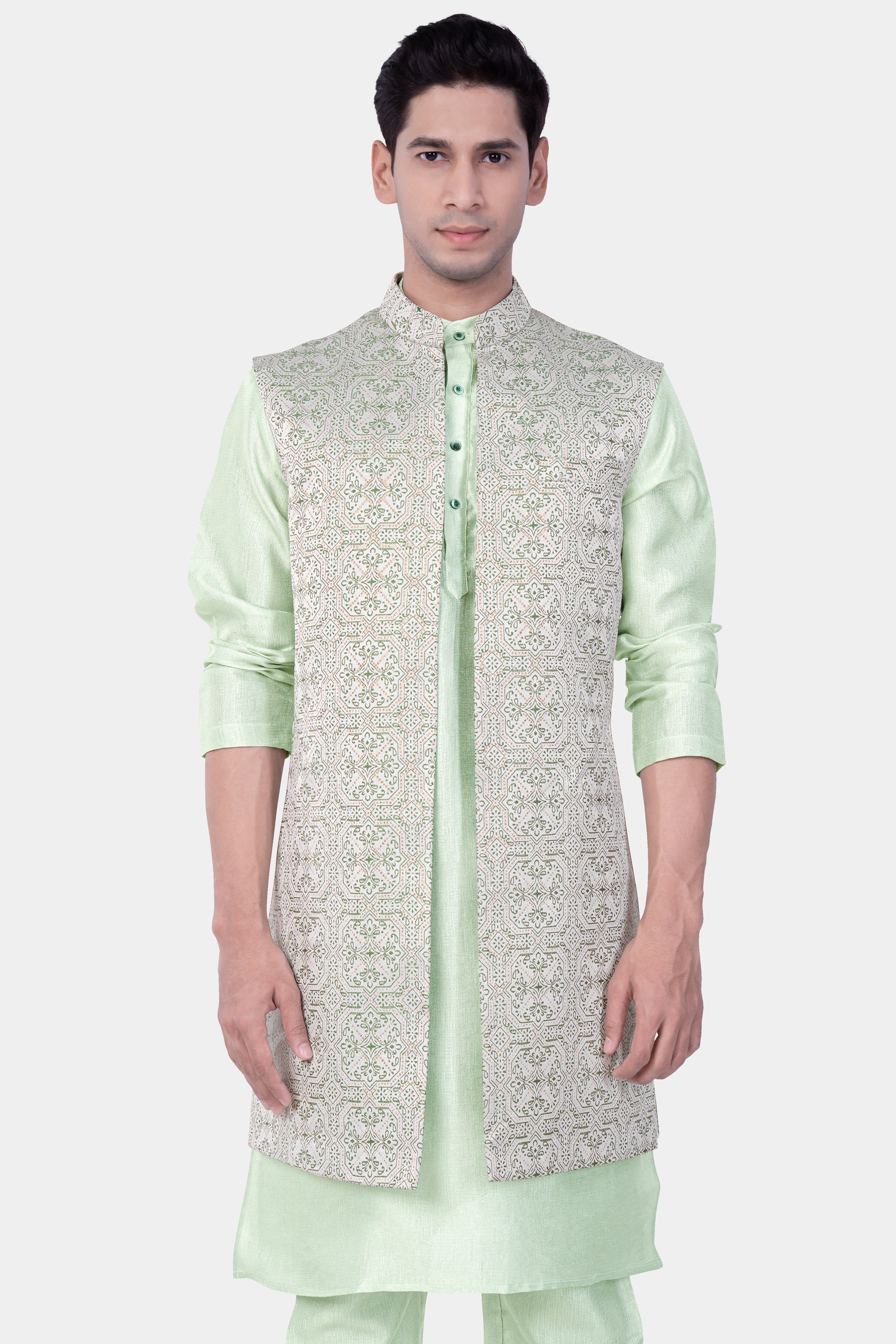 Porcelain Gray with Green Kurta and pajama jacquard Indo-Western