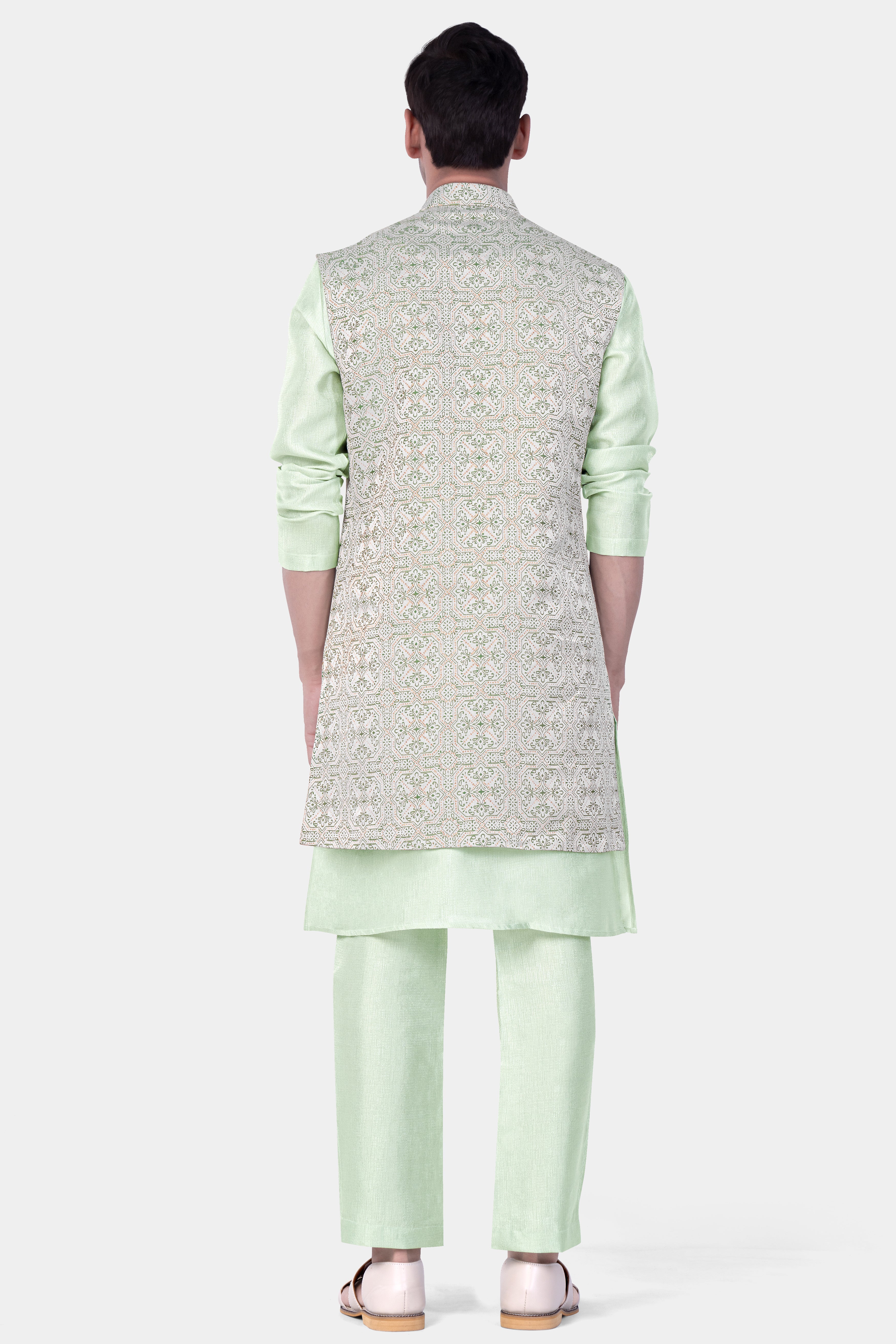 Porcelain Gray with Green Kurta and pajama jacquard Indo-Western