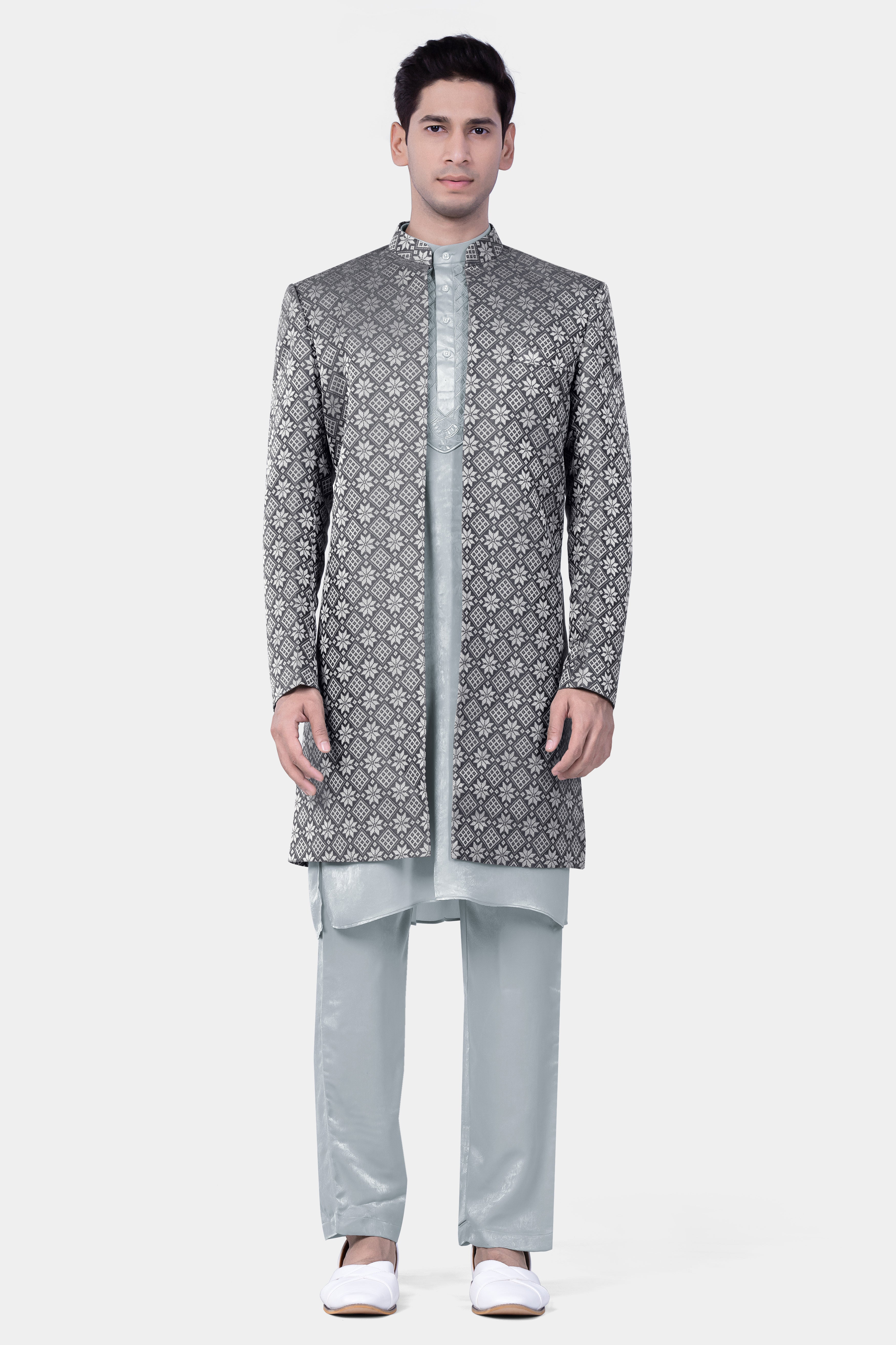 Gravel Gray Jacquard Party Wear Indo-Western