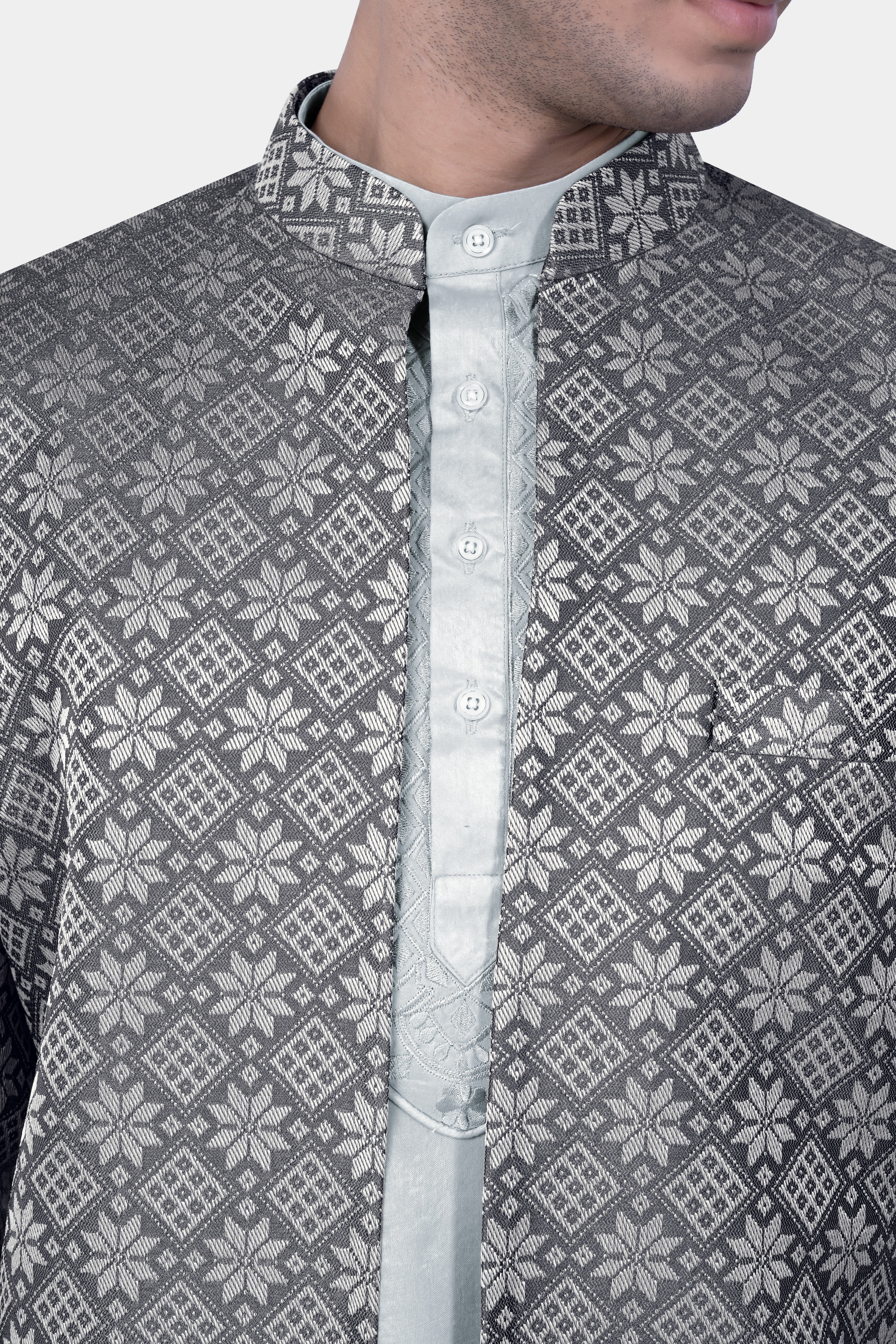 Gravel Gray Jacquard Party Wear Indo-Western