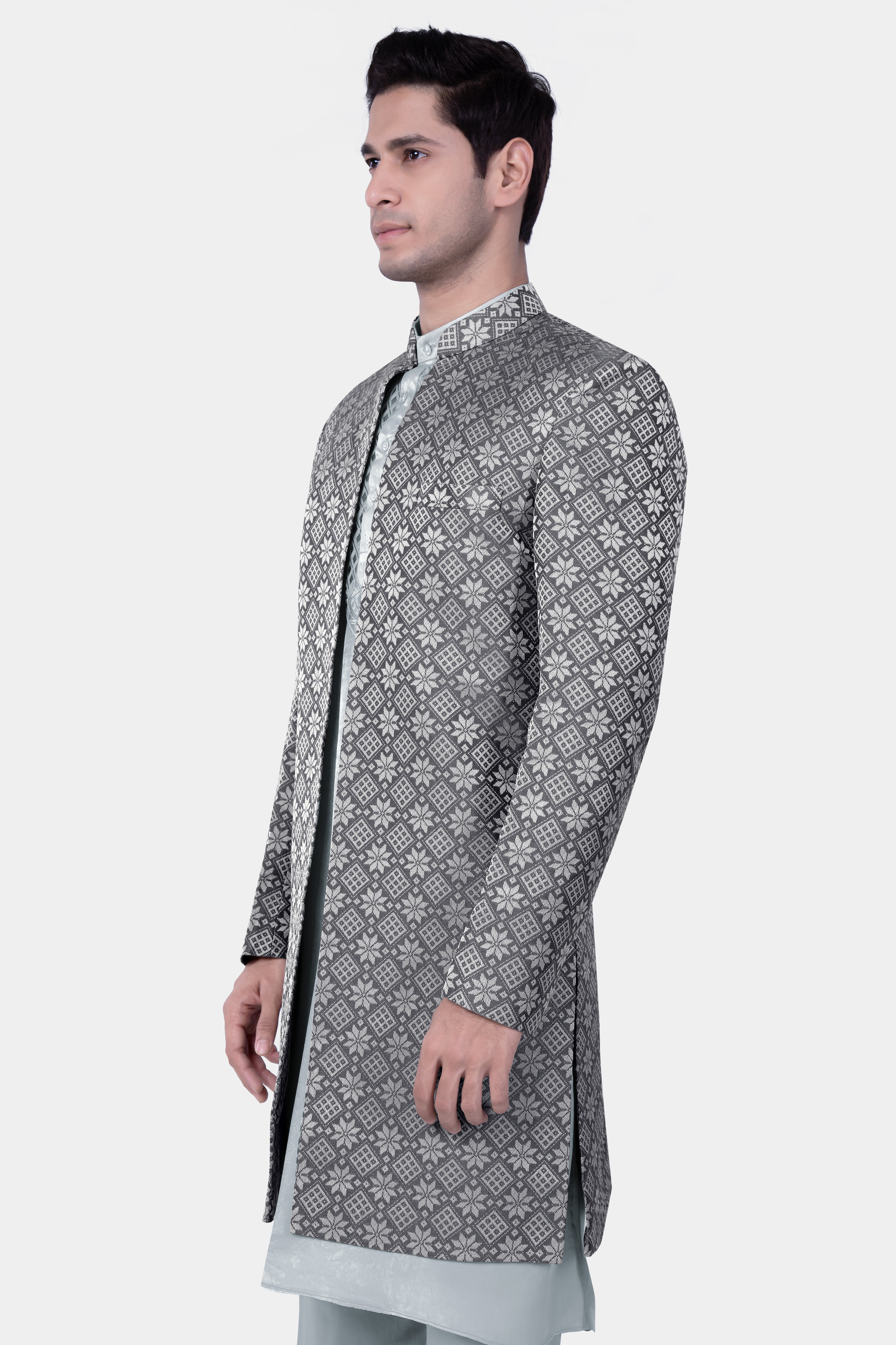 Gravel Gray Jacquard Party Wear Indo-Western