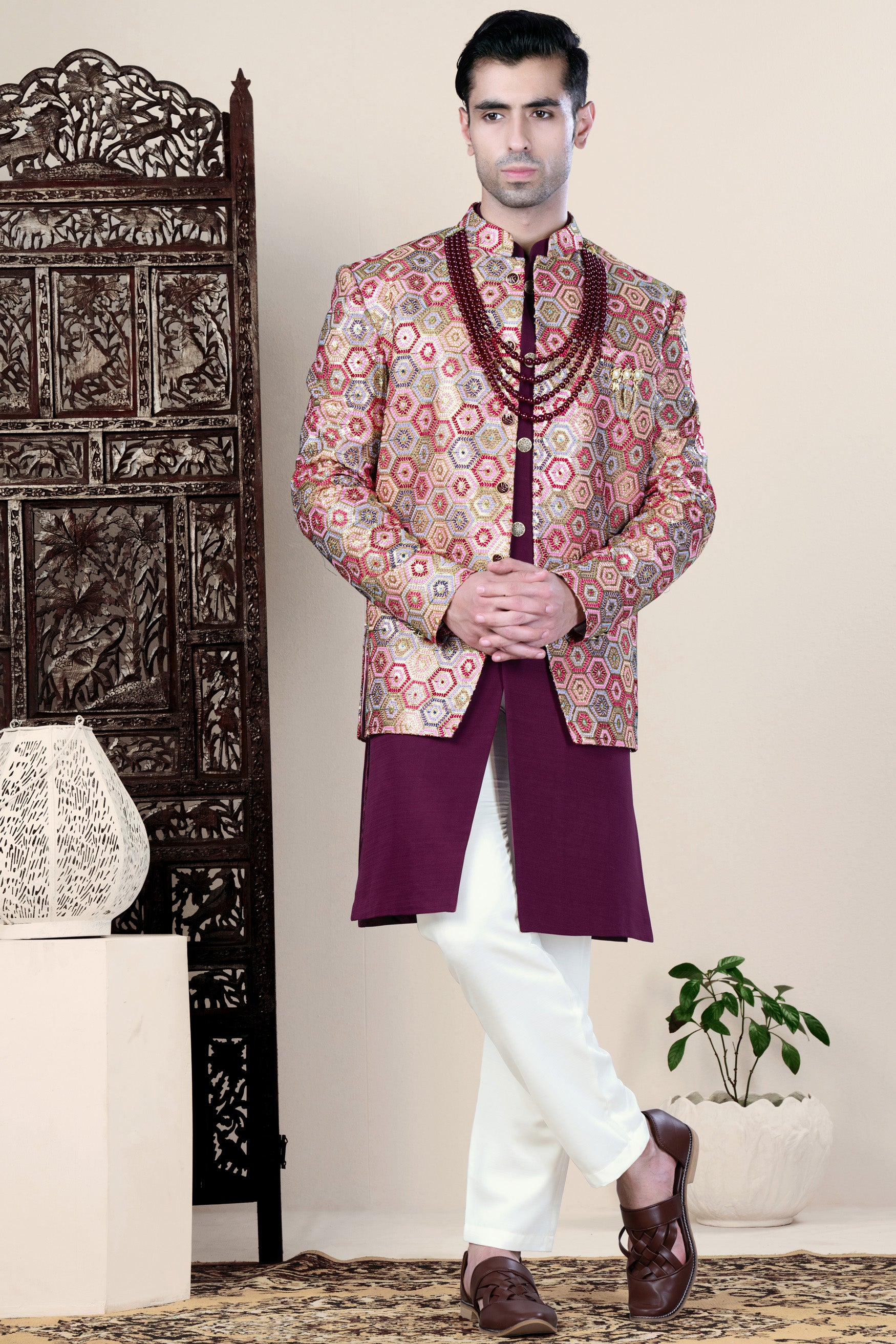 Radical Pink and Rhino Blue Multicolour Thread and Sequin Embroidered Indo-Western Jodhpuri
