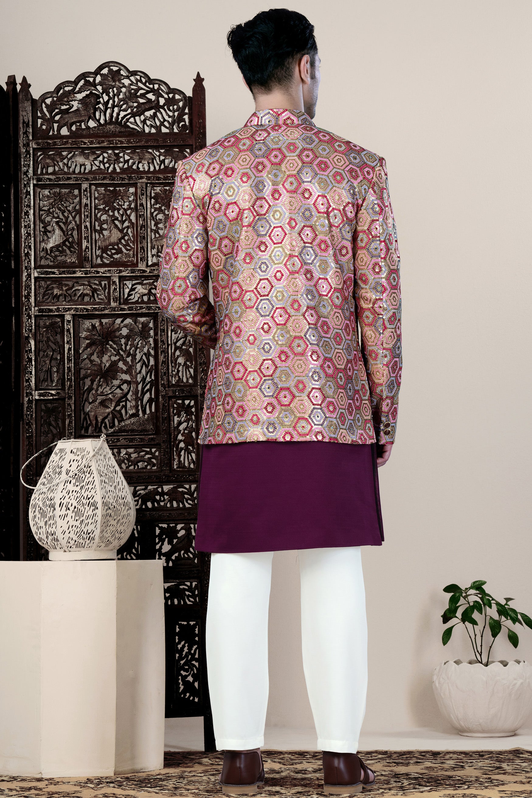 Radical Pink and Rhino Blue Multicolour Thread and Sequin Embroidered Indo-Western Jodhpuri