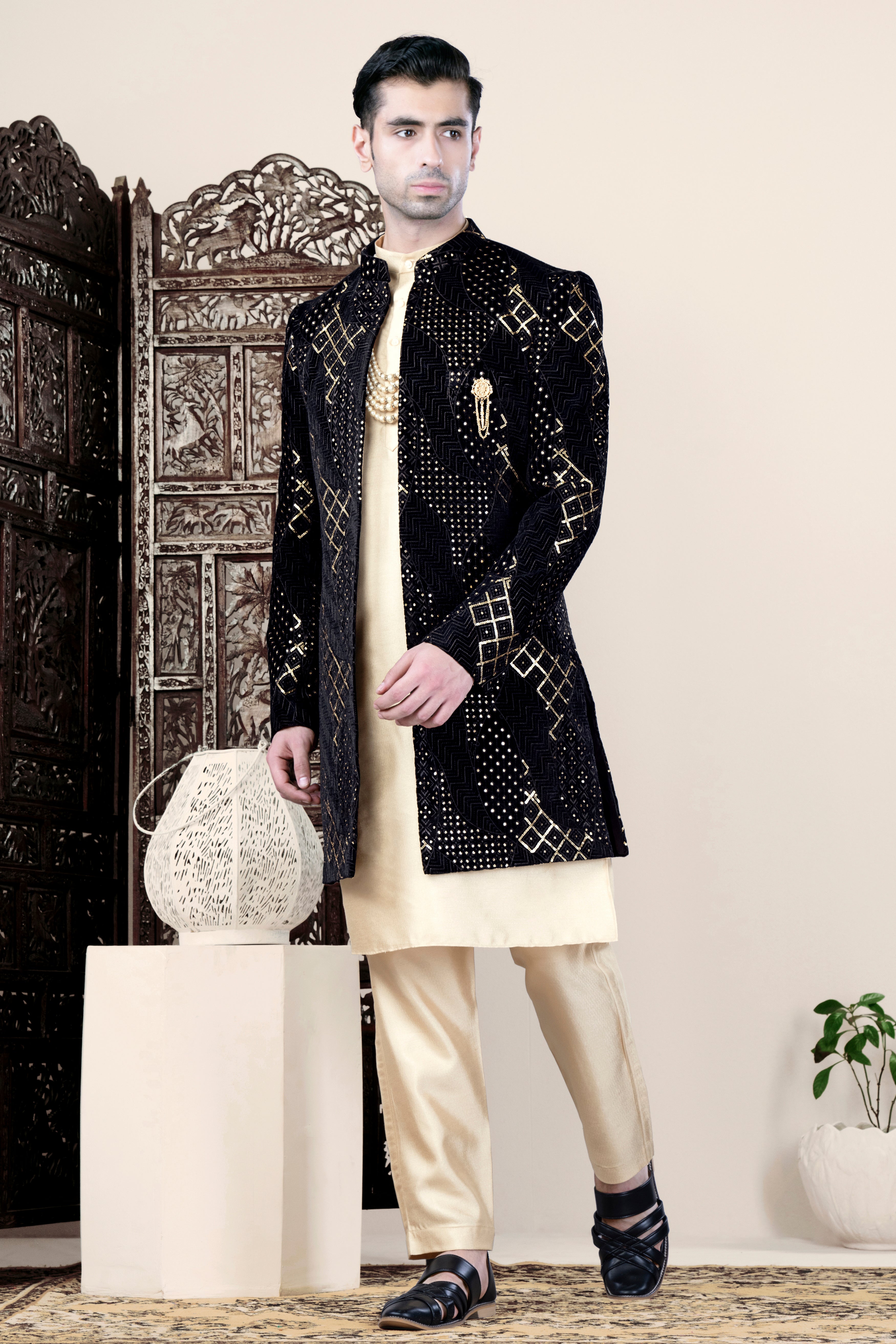 Jade Black Thread and Sequin Embroidered Indo-Western