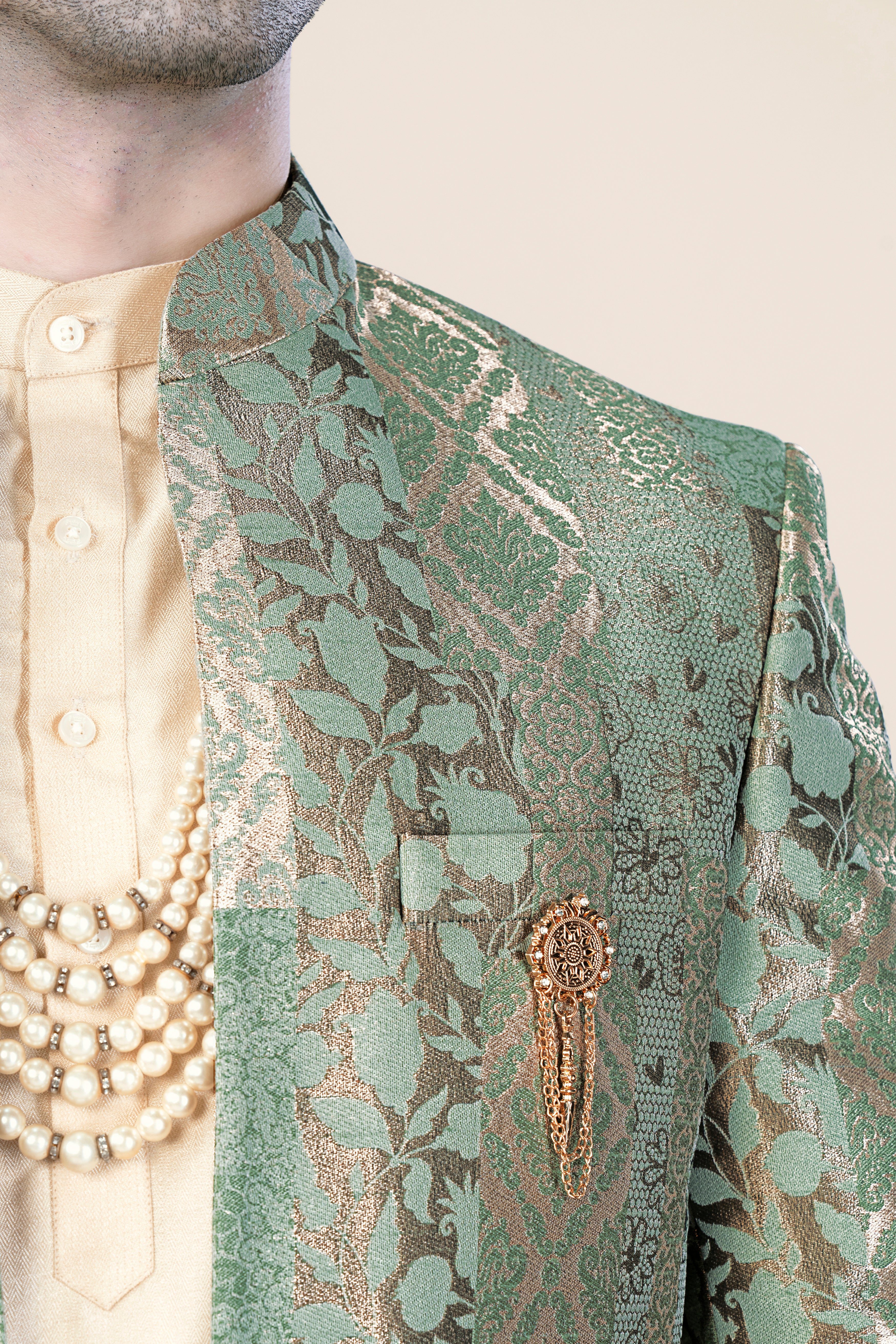 Envy Green and Opium Brown Jacquard Weave Indo-Western