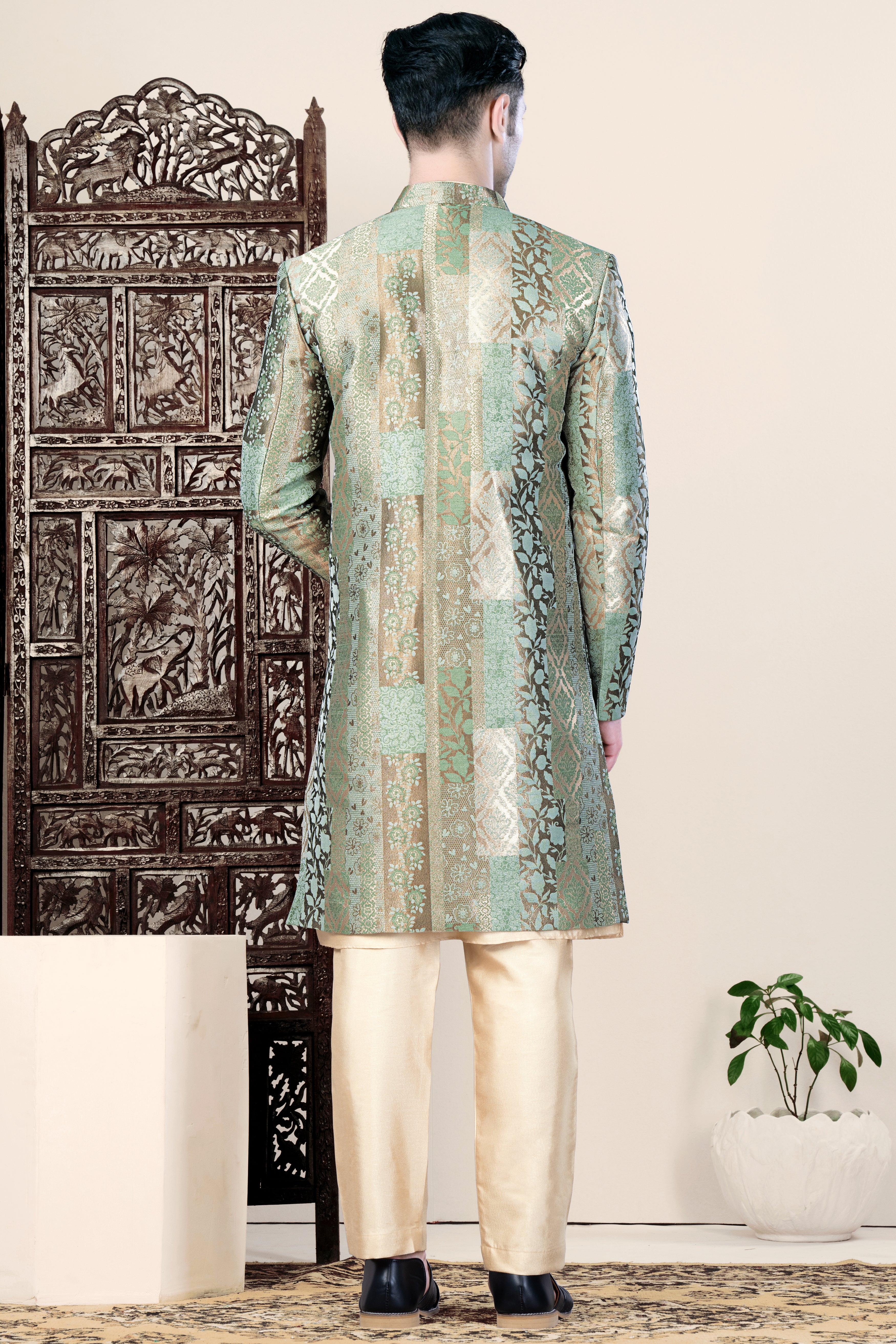 Envy Green and Opium Brown Jacquard Weave Indo-Western