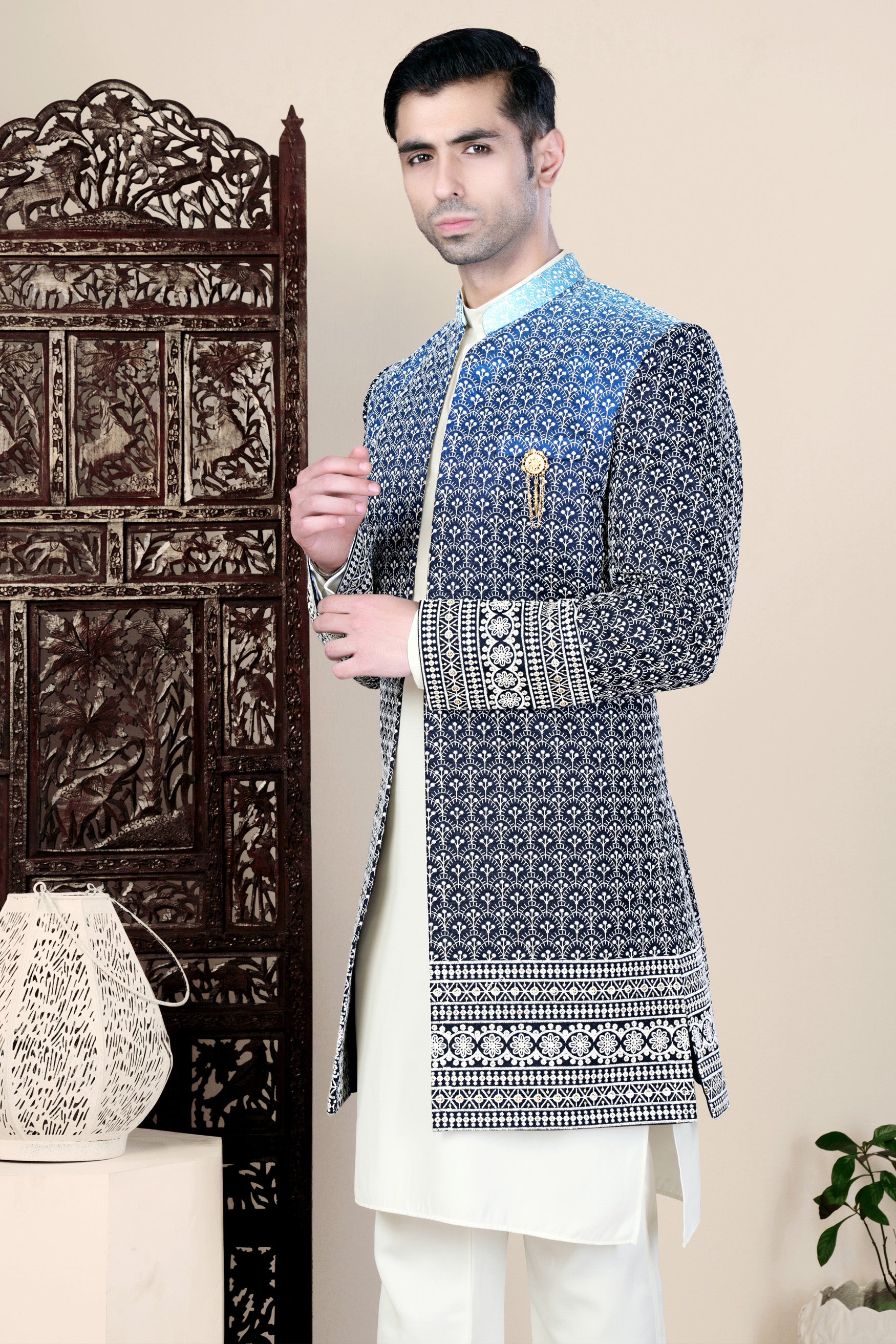 Cloud Blue and White Thread Embroidered Indo-Western