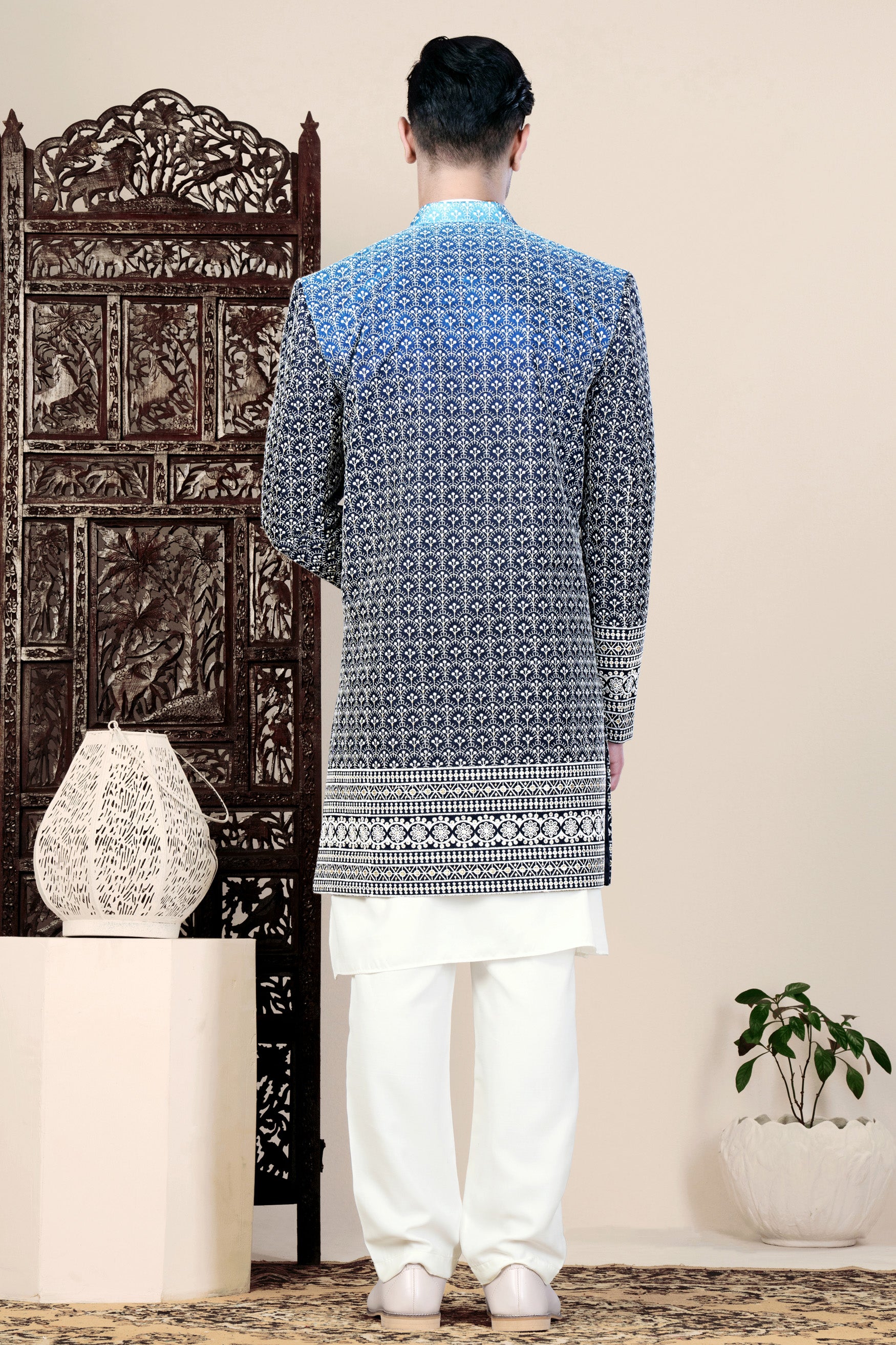 Cloud Blue and White Thread Embroidered Indo-Western