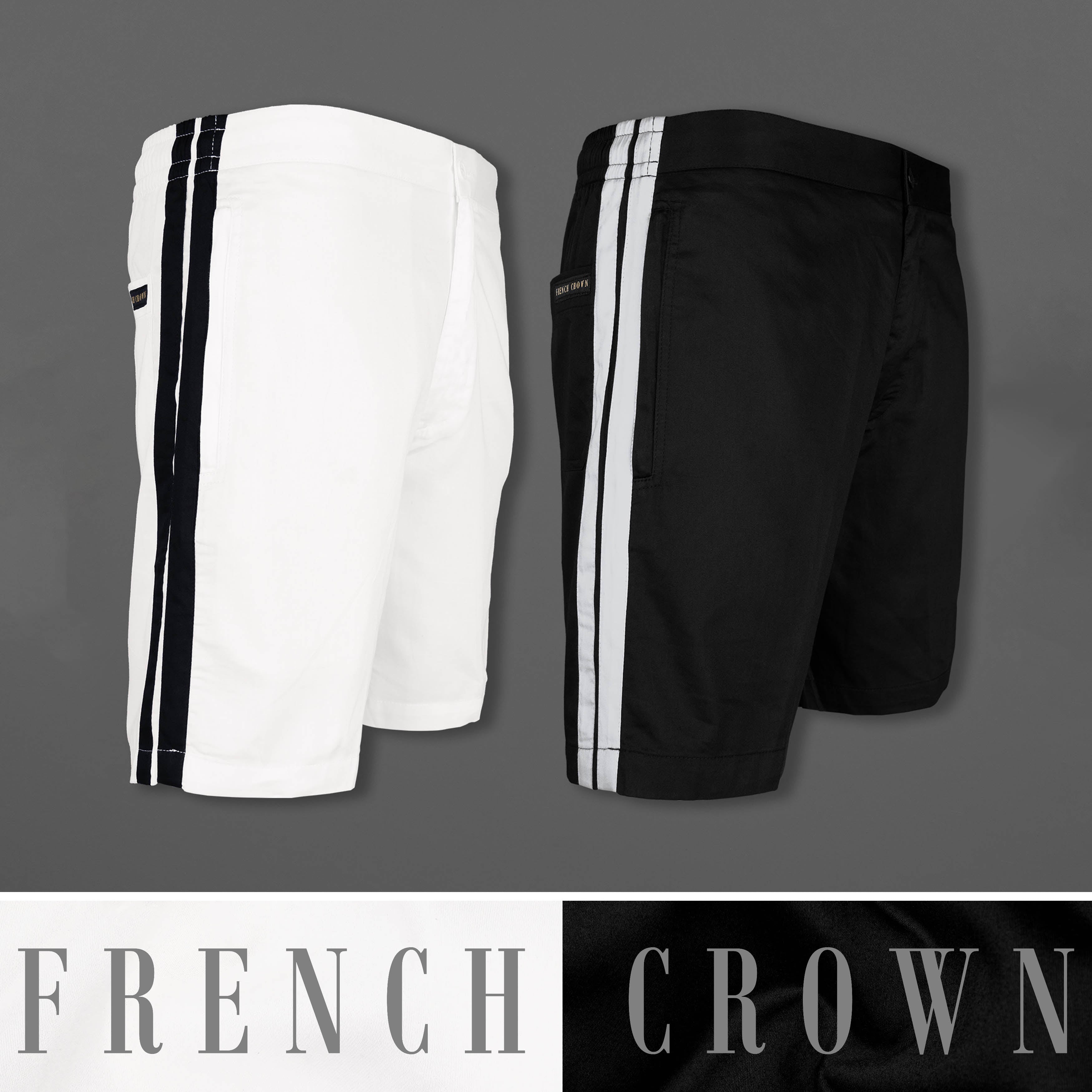 Jade Black And Bright White Plain-Solid Premium Cotton Shorts For Men