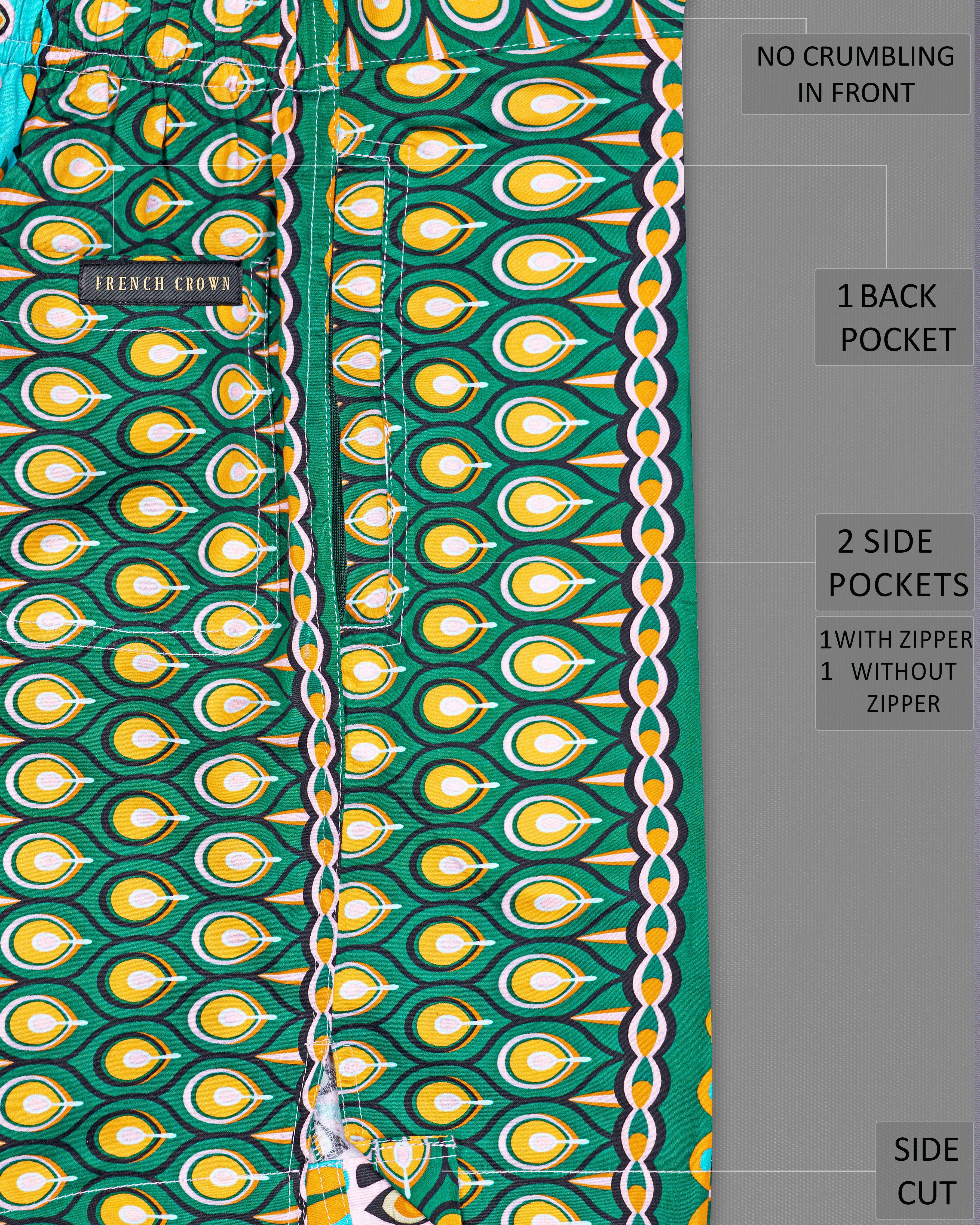 Aquamarine Green Multicolour Ankara Printed Super Soft Premium Cotton Shorts SR262-28, SR262-30, SR262-32, SR262-34, SR262-36, SR262-38, SR262-40, SR262-42, SR262-44