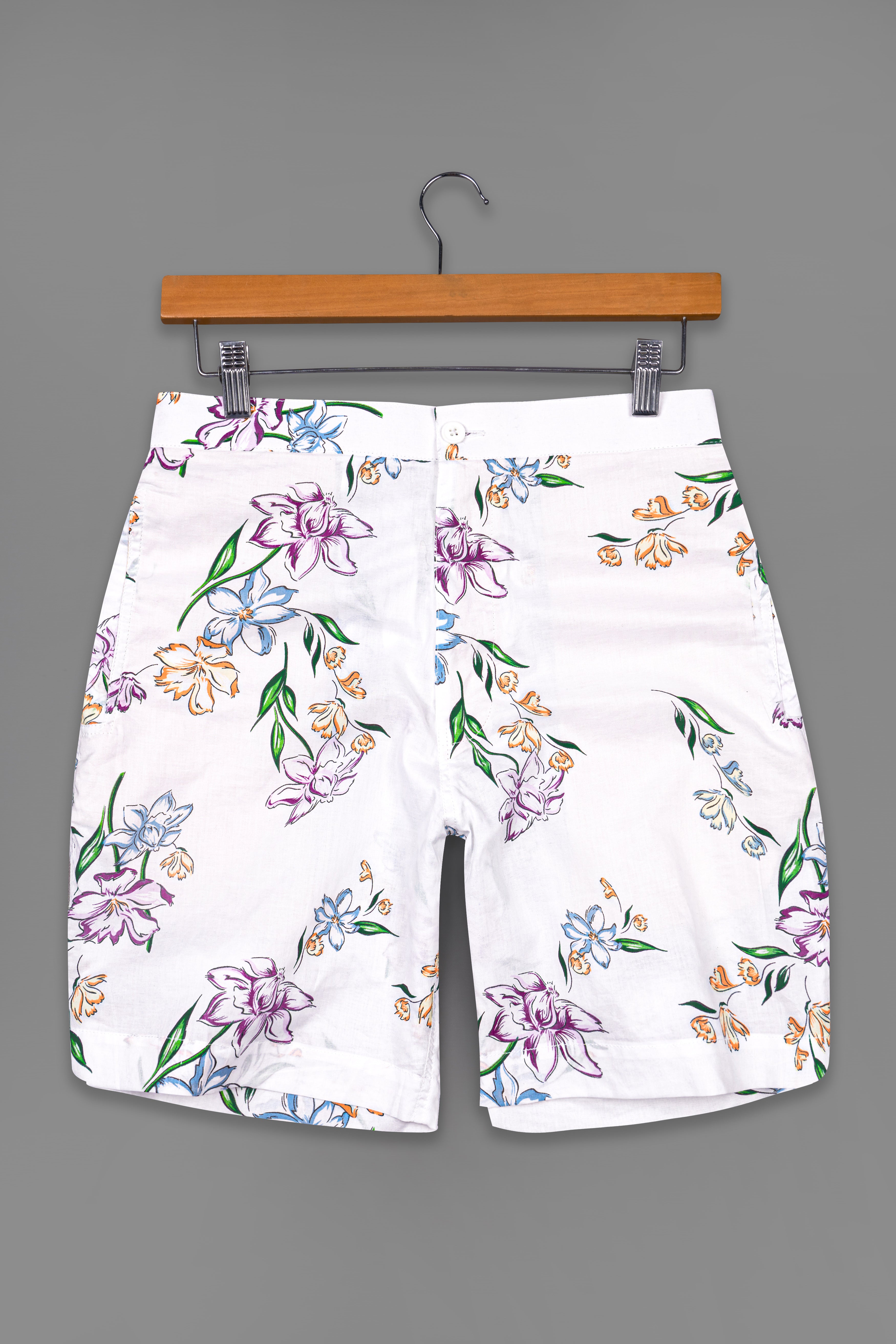Bright White Floral Printed Light Weight Premium Cotton Shorts SR268-28, SR268-30, SR268-32, SR268-34, SR268-36, SR268-38, SR268-40, SR268-42, SR268-44