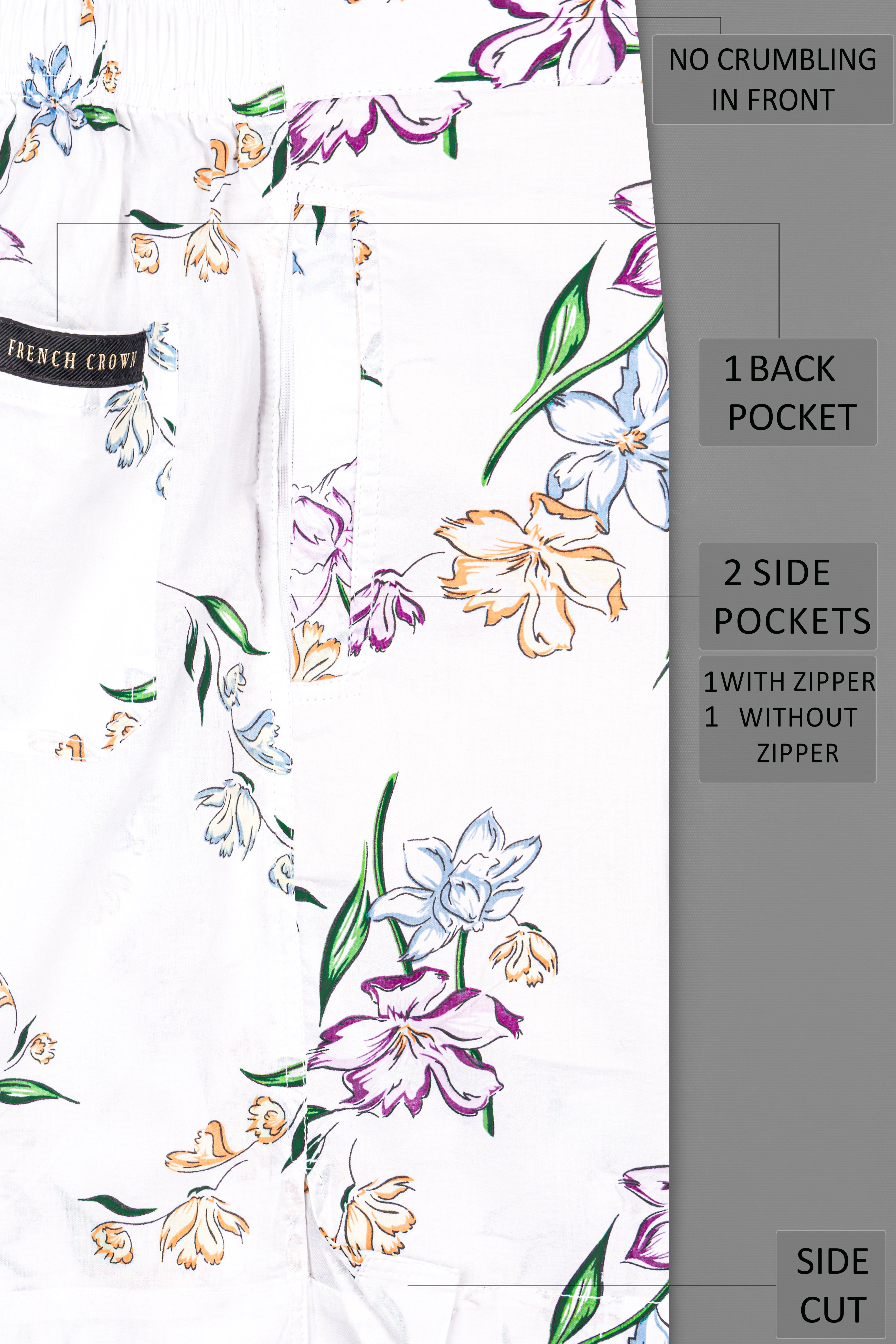 Bright White Floral Printed Light Weight Premium Cotton Shorts SR268-28, SR268-30, SR268-32, SR268-34, SR268-36, SR268-38, SR268-40, SR268-42, SR268-44