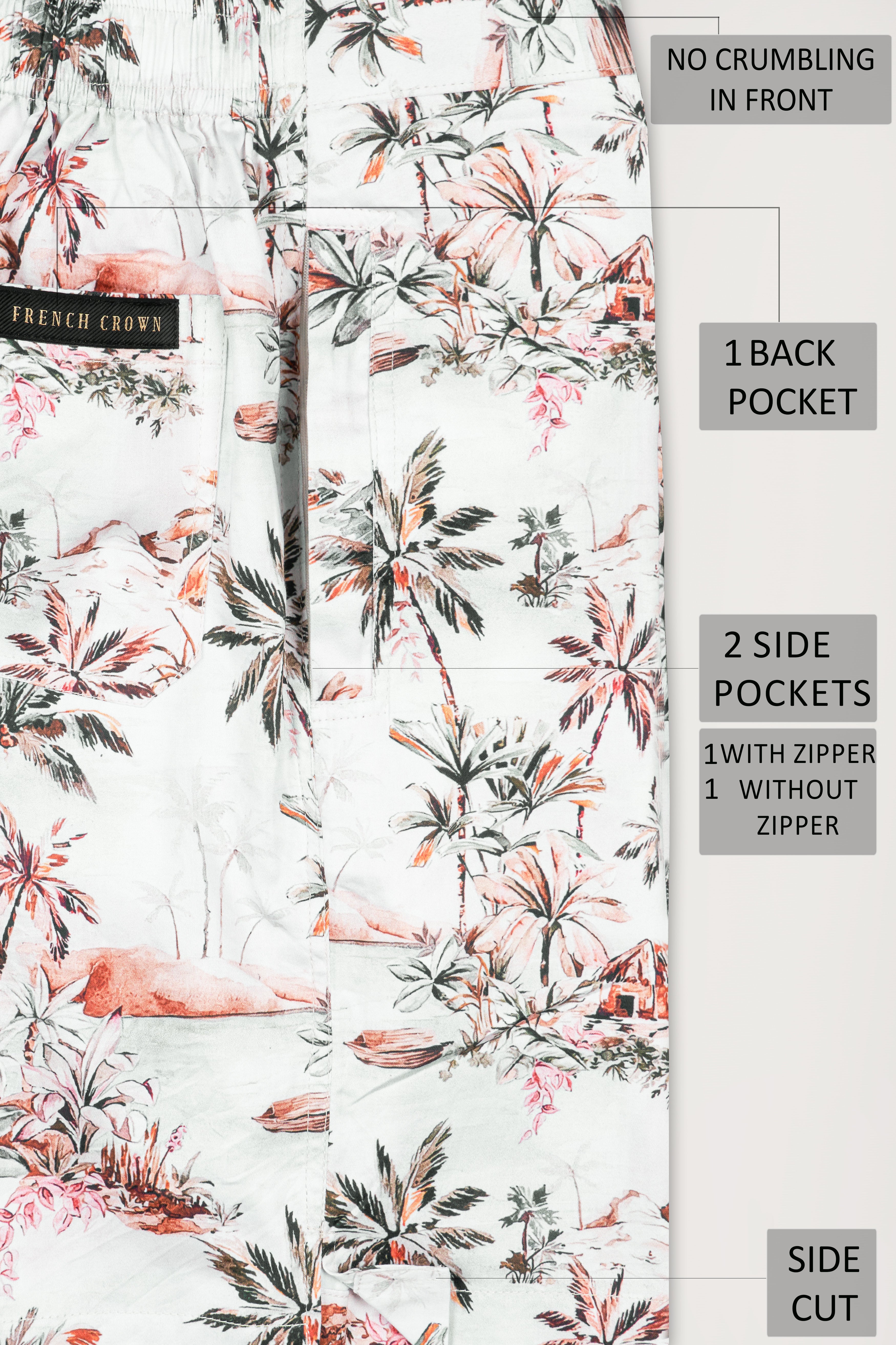 Bright White and Feldgrau Green Trees Printed Super Soft Premium Cotton Shorts SR284-28, SR284-30, SR284-32, SR284-34, SR284-36, SR284-38, SR284-40, SR284-42, SR284-44