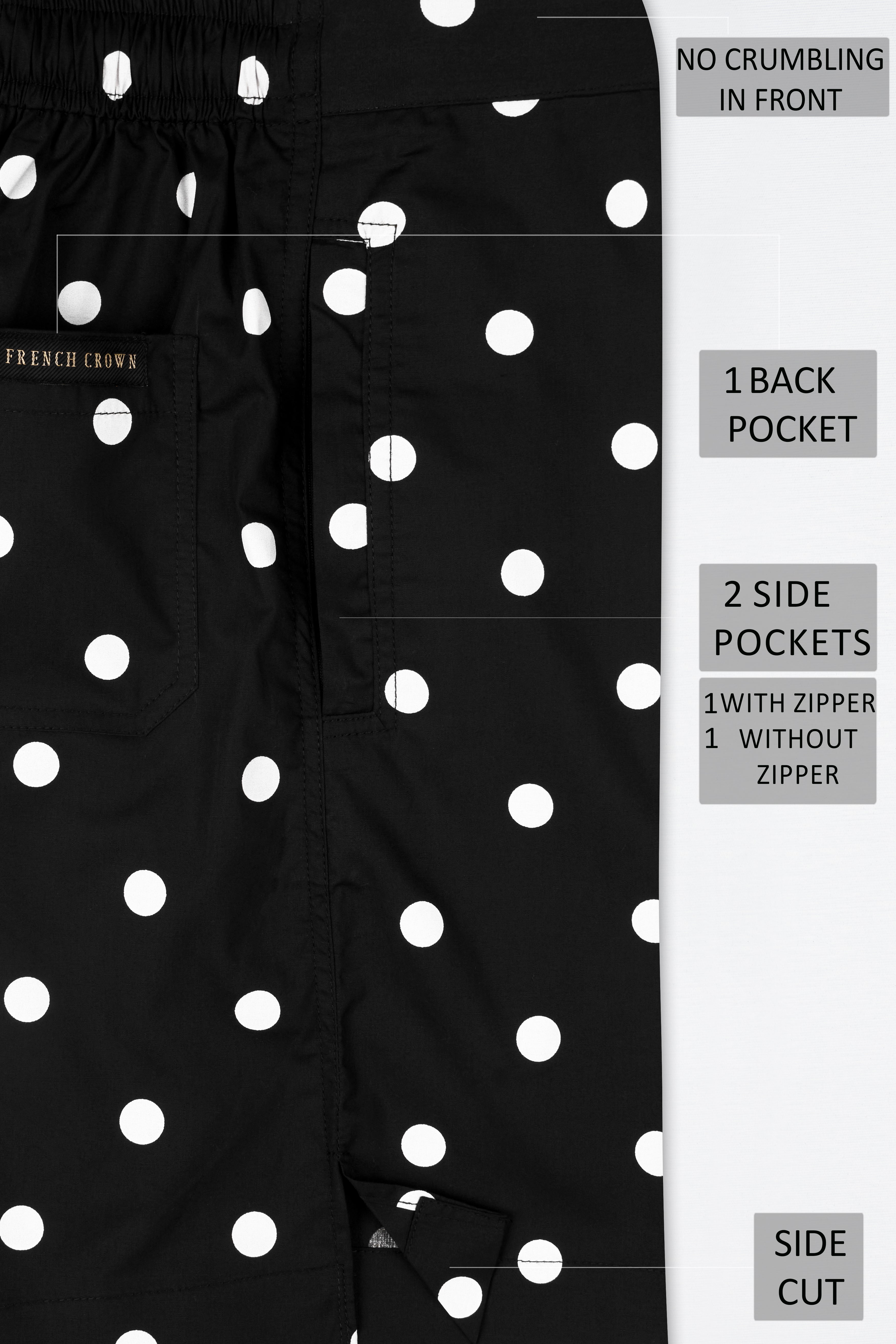 Jade Black and White Polka Dotted Premium Cotton Shorts SR286-28, SR286-30, SR286-32, SR286-34, SR286-36, SR286-38, SR286-40, SR286-42, SR286-44