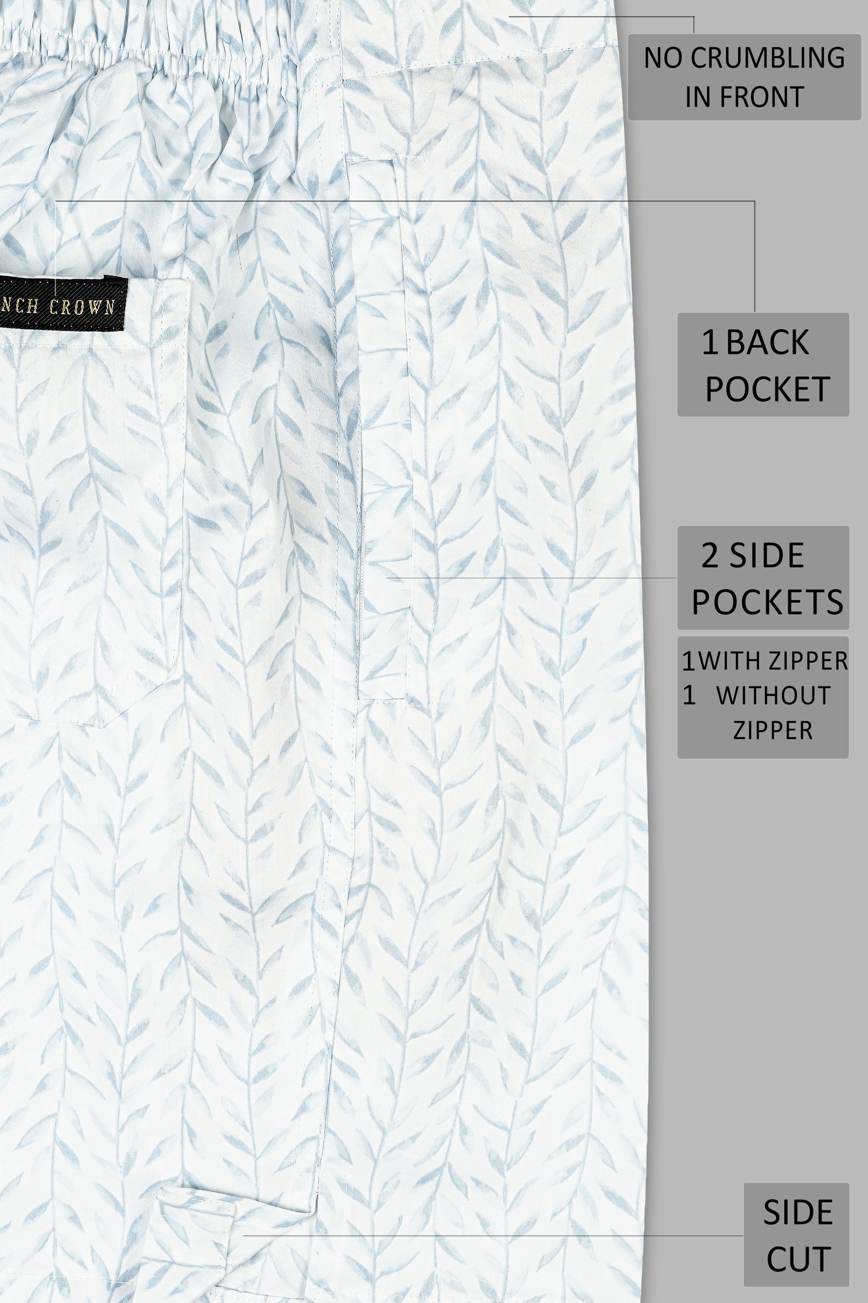Bright White with Geyser Blue Leaves Printed Subtle Sheen Super Soft Premium Cotton Shorts SR343-28,  SR343-30,  SR343-32,  SR343-34,  SR343-36,  SR343-38,  SR343-40,  SR343-42,  SR343-44