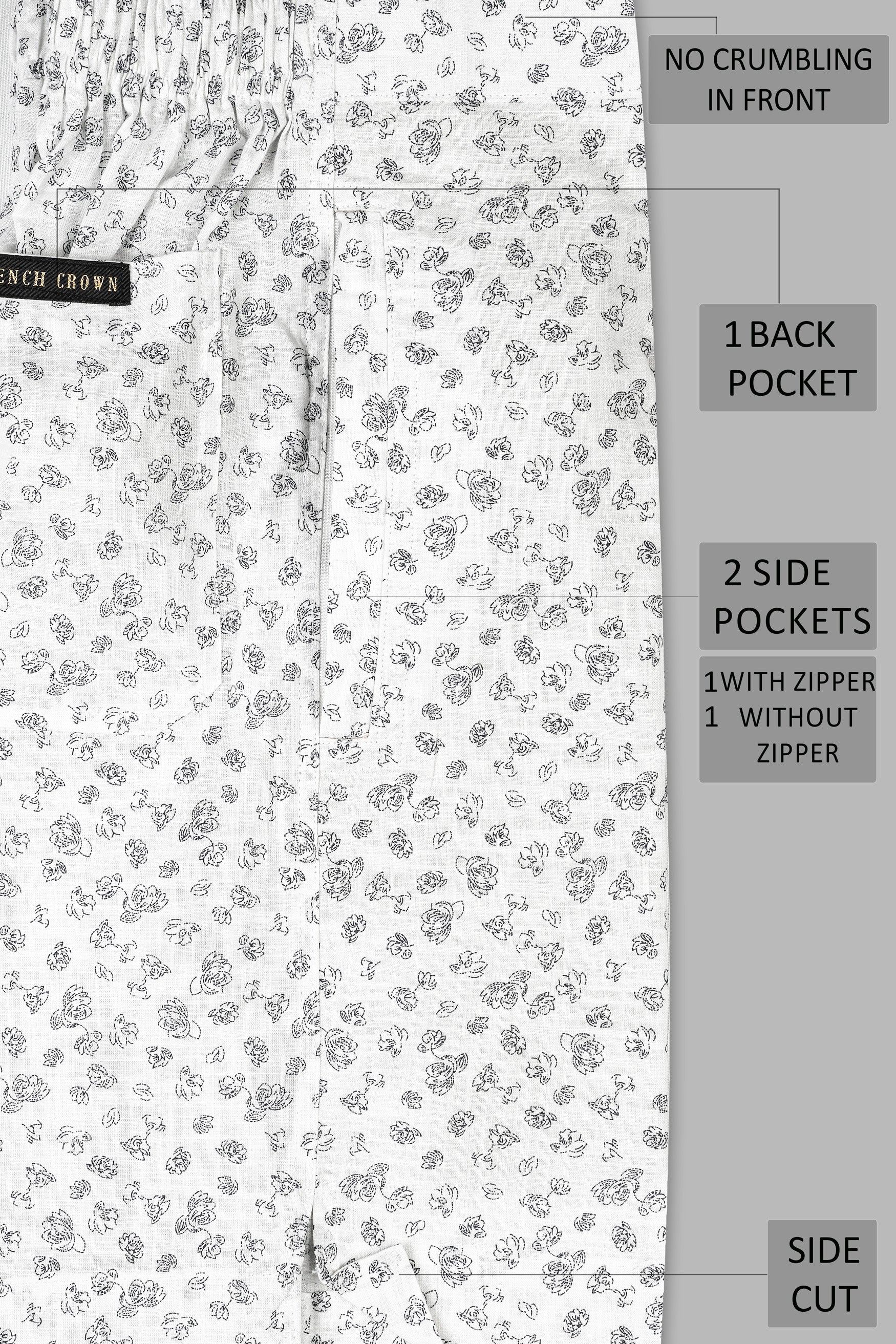 Bright White with Jade Black Flowers Printed Premium Linen Shorts SR347-28,  SR347-30,  SR347-32,  SR347-34,  SR347-36,  SR347-38,  SR347-40,  SR347-42,  SR347-44