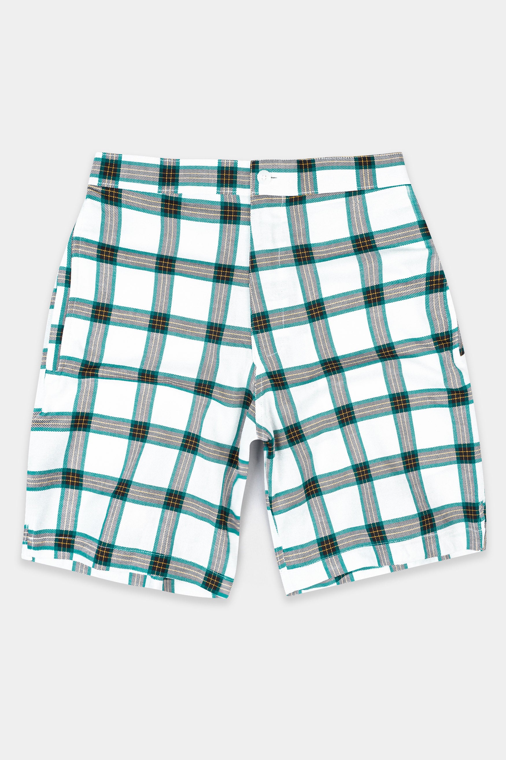 Bright White with Teal Blue Checkered Dobby Textured Giza Cotton Shorts SR360-28, SR360-30, SR360-32, SR360-34, SR360-36, SR360-38, SR360-40, SR360-42, SR360-44