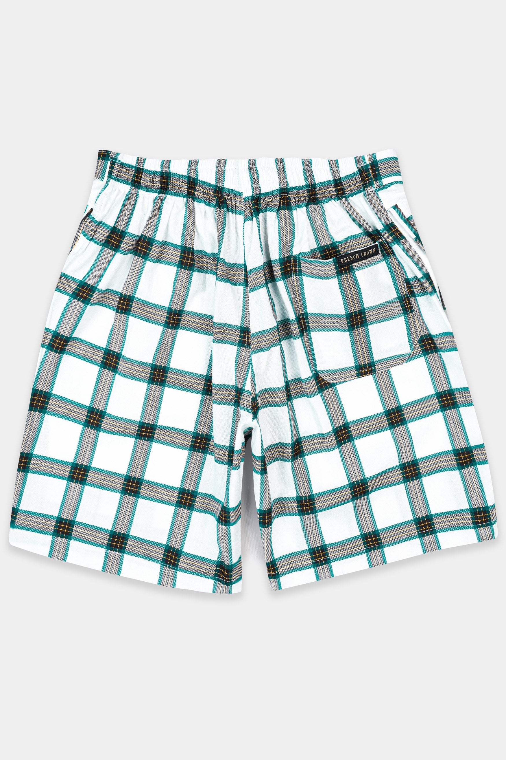 Bright White with Teal Blue Checkered Dobby Textured Giza Cotton Shorts SR360-28, SR360-30, SR360-32, SR360-34, SR360-36, SR360-38, SR360-40, SR360-42, SR360-44