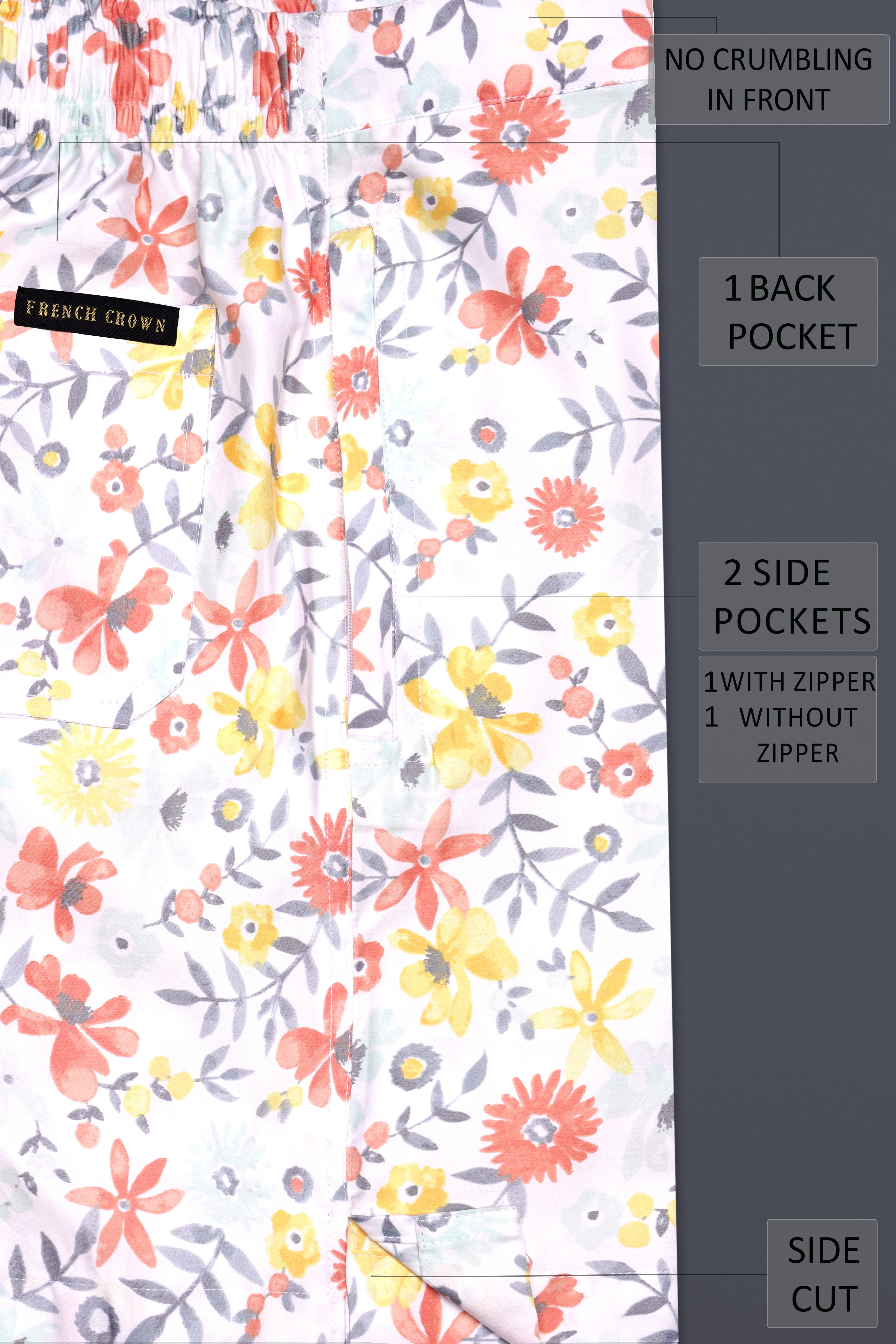 Peachy And Bright White Foral Printed Subtle Sheen Super Soft Premium Cotton Shorts