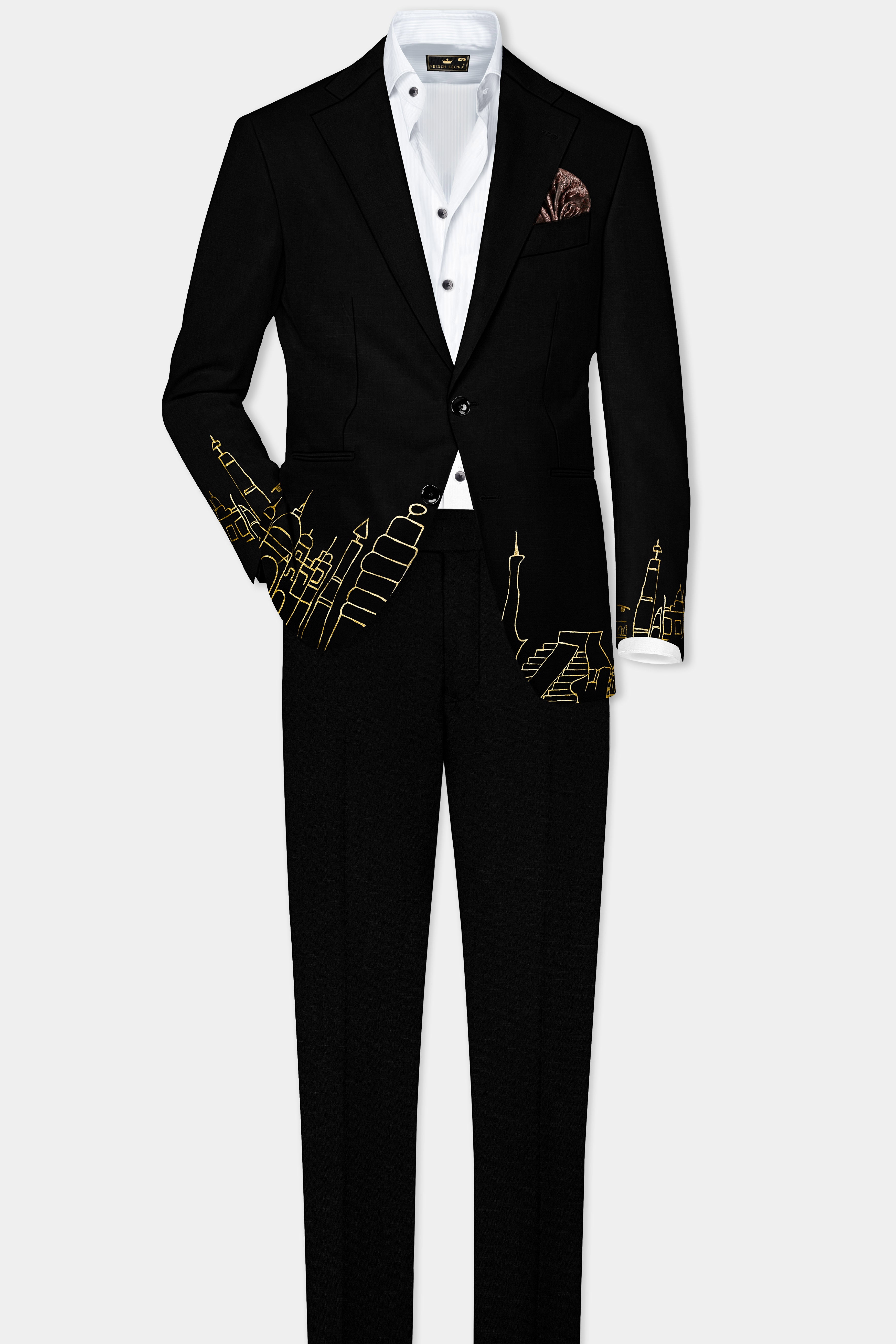 Jade Black With Hand Painted Stretchable Single Breasted Designer Suit