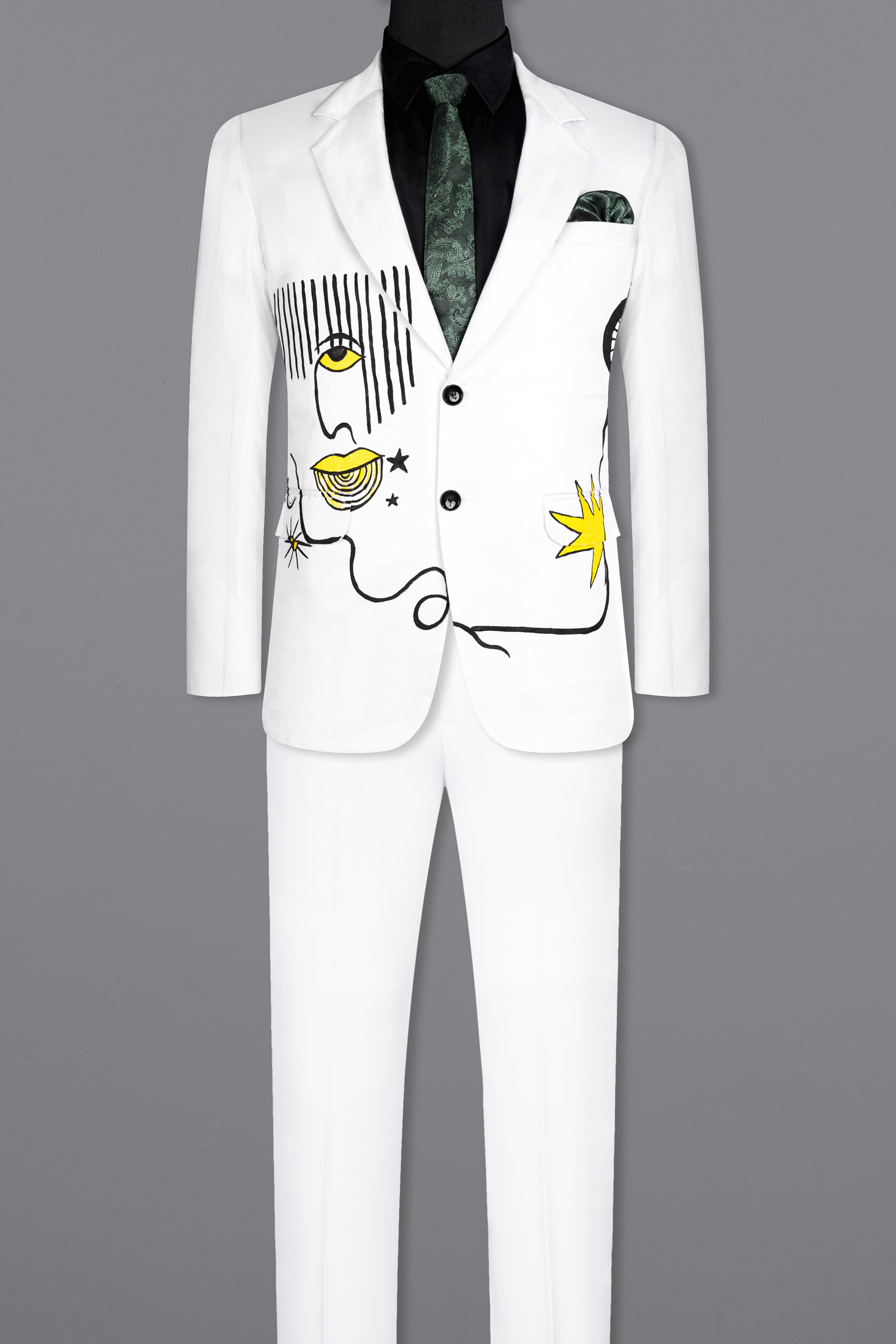 Bright White With Abstract Hand Painted Stretchable Single Breasted Designer Suit