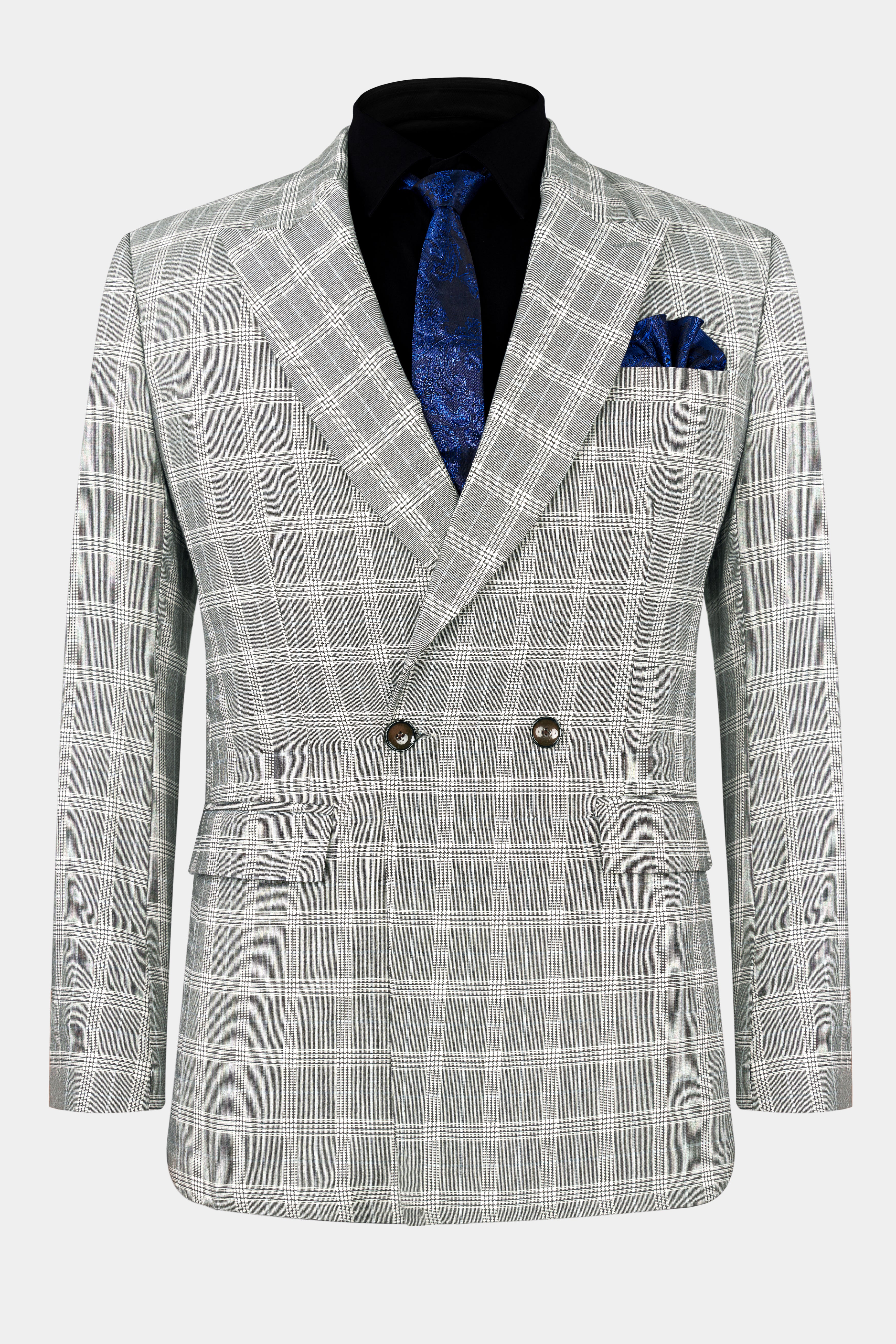 Bronco Gray and White Plaid Double Breasted Suit