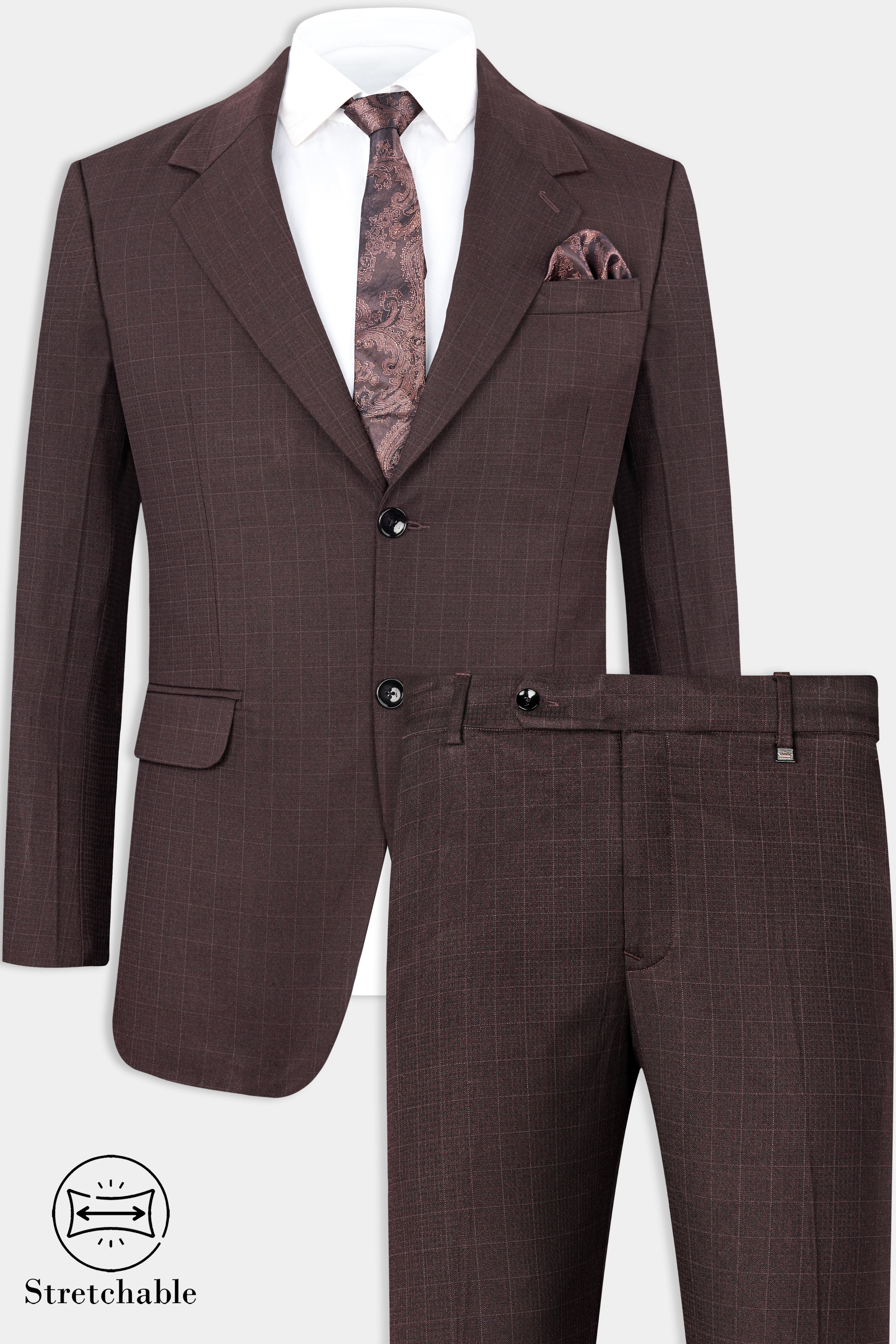 Taupe Maroon Stretchable Dobby Single Breasted traveler Suit